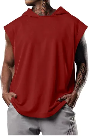 Men's Workout Hooded Tank Tops Bodybuilding Muscle Cut Off T Shirt Sleeveless Gym Hoodies Loose Pullover Sweatshirt