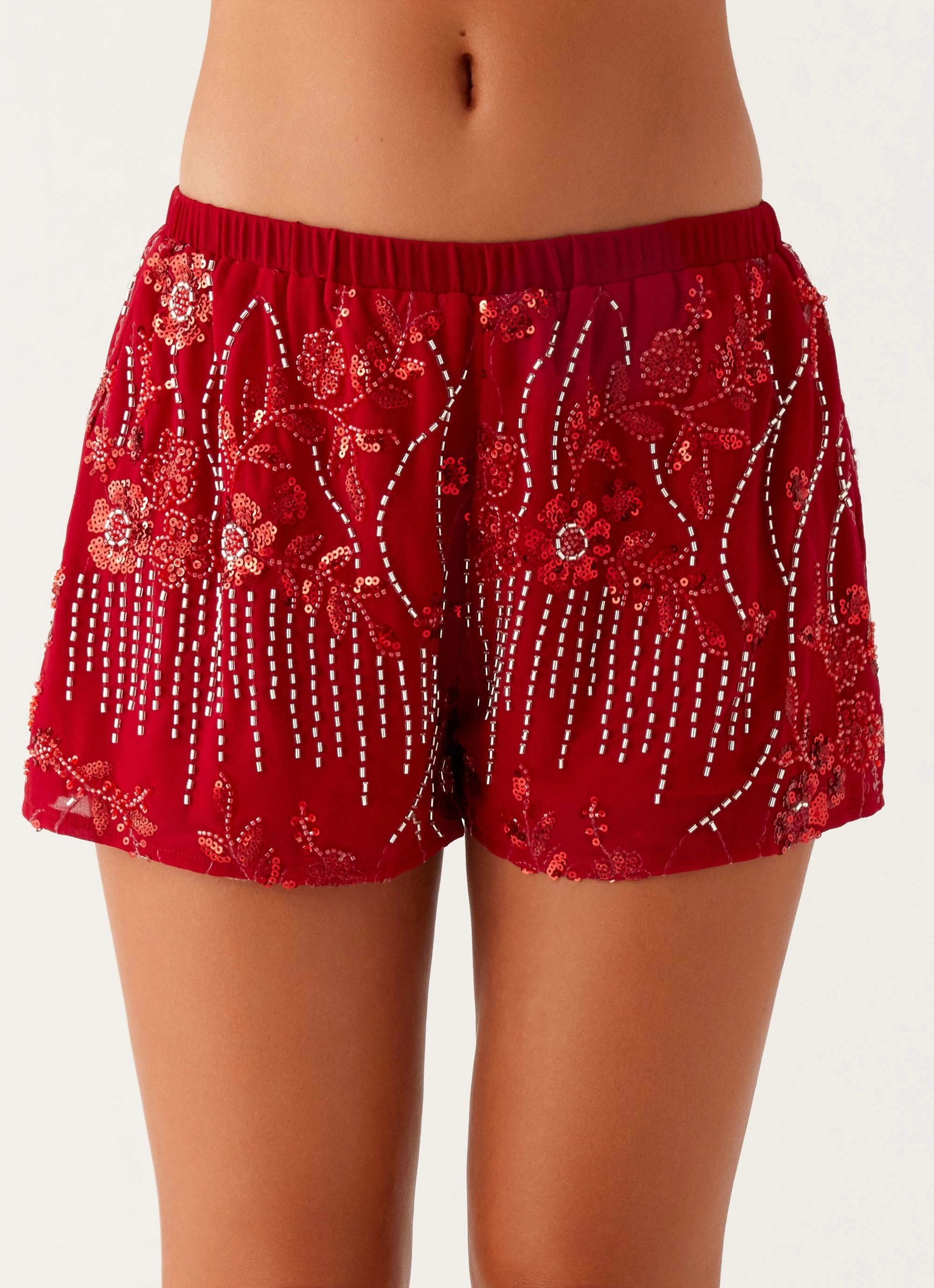 Mercer Sequin Mini Shorts - Red Customizable length