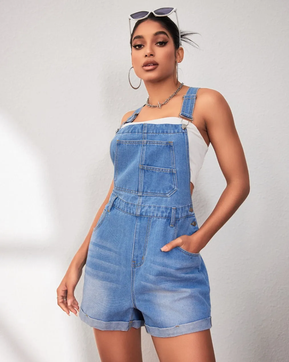 MEROKEETY Adjustable Straps Shorts Cuffed Jean Romper