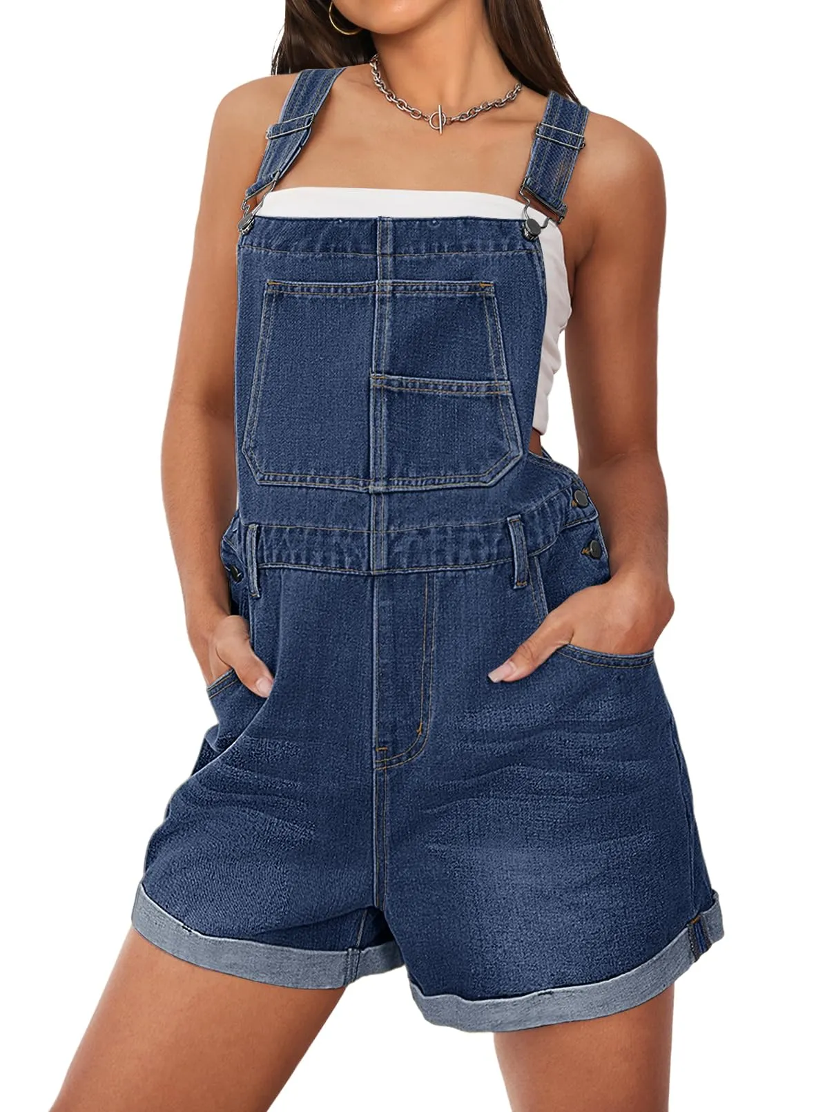 MEROKEETY Adjustable Straps Shorts Cuffed Jean Romper