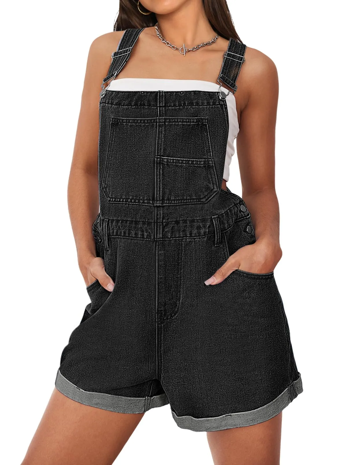 MEROKEETY Adjustable Straps Shorts Cuffed Jean Romper