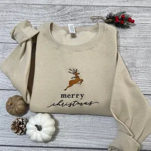 Merry Christmas Embroidered Sweatshirt Reindeer Christmas Crewneck, Women's Embroidered Sweatshirts