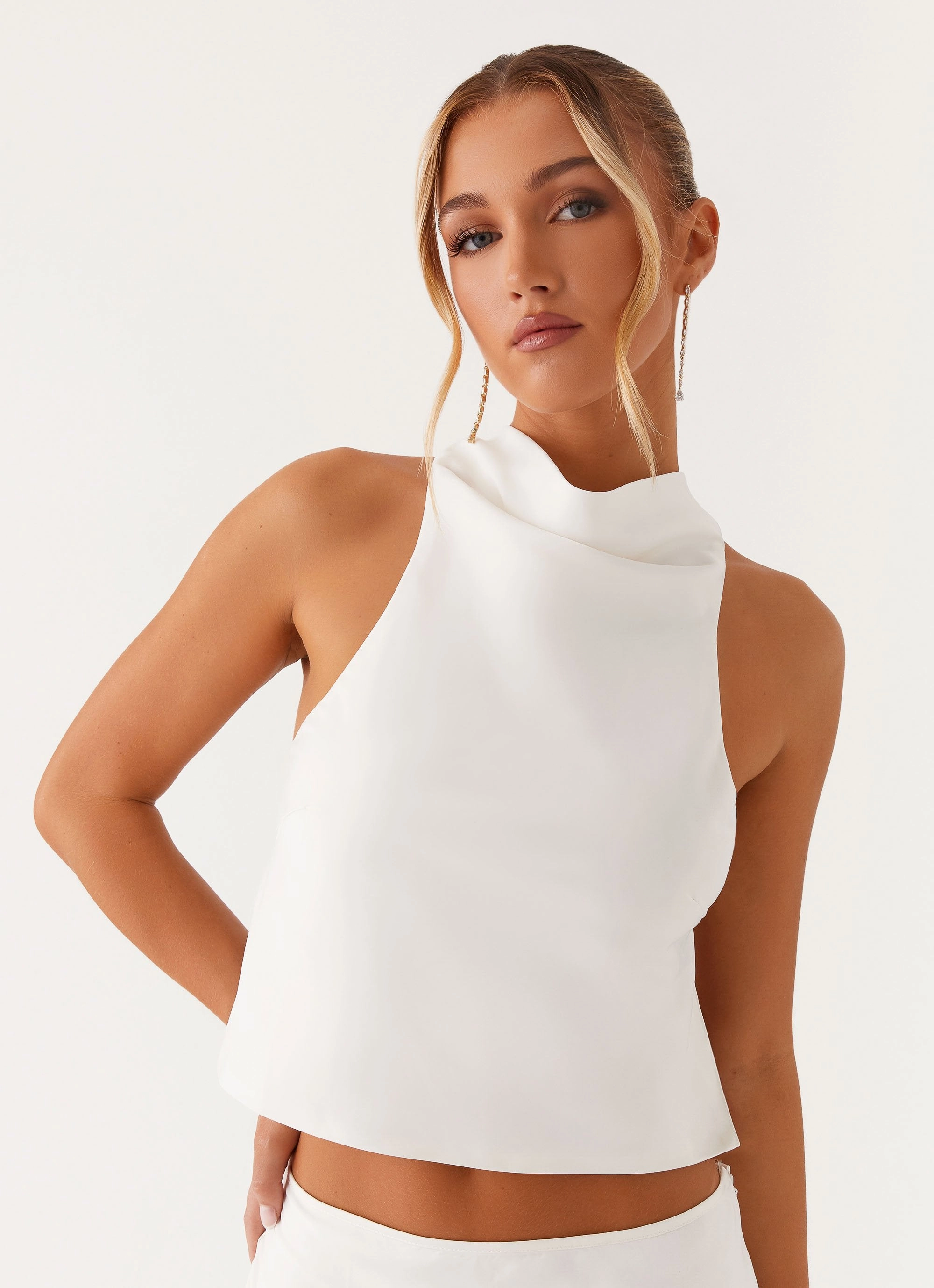 Brookie Satin Top - White MinimalistSilhouette RaglanSleeve