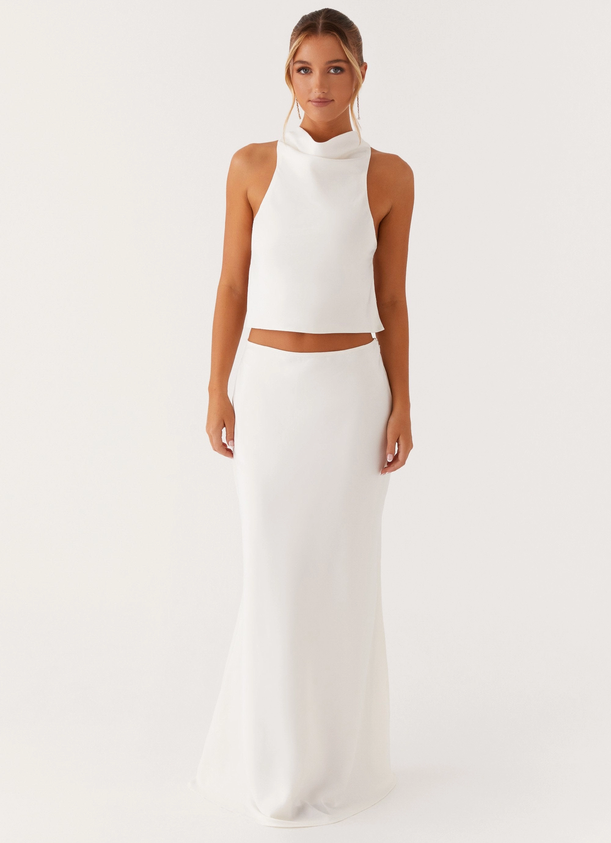 Stretch Waistband Design Brookie Satin Top - White