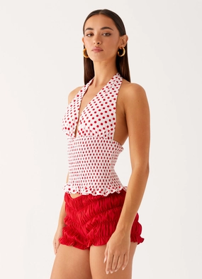 Tencel Blend Fabric BondedShoulderTaping Kamren Halter Top - White Red Polka Dot