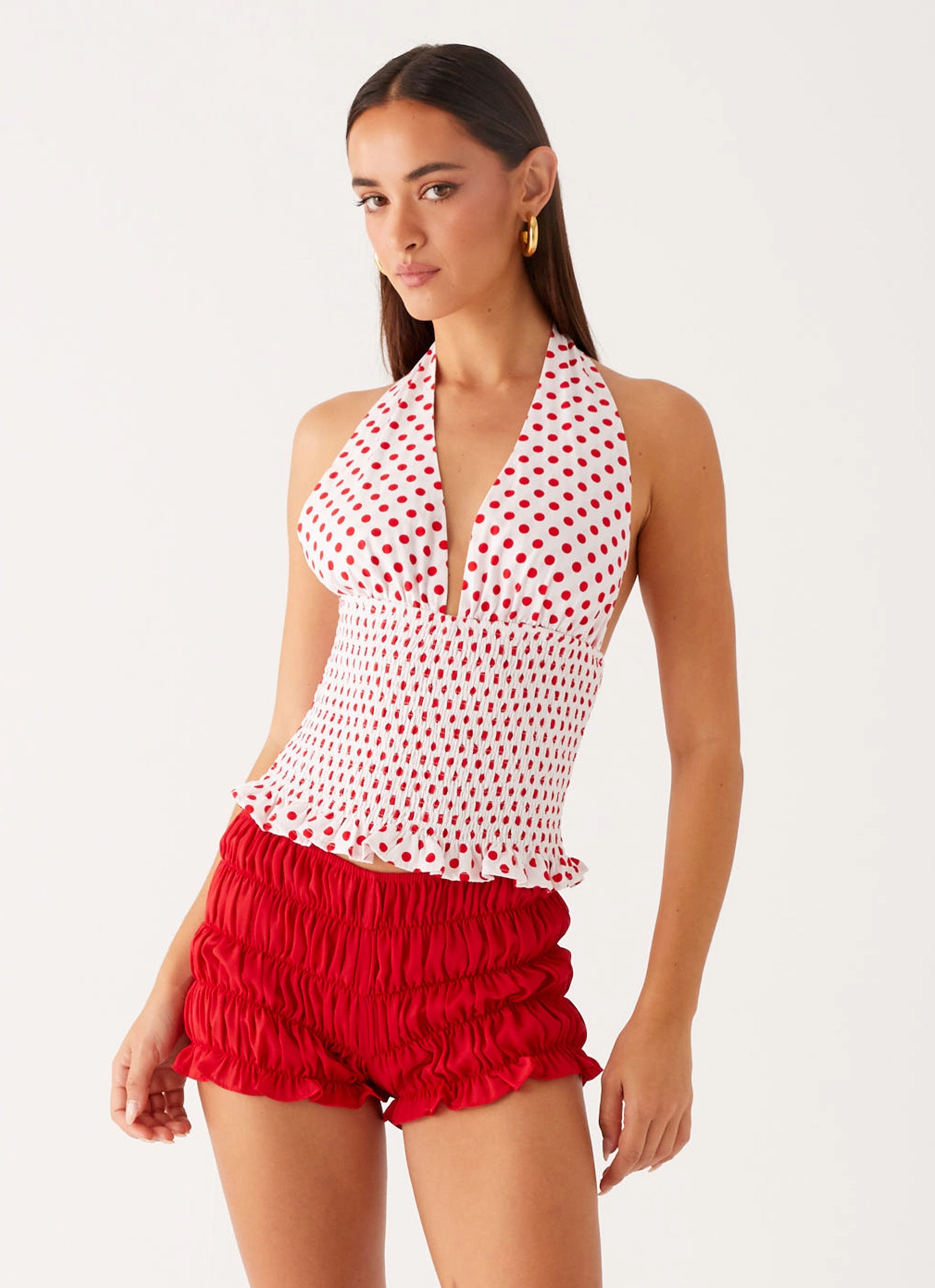 Snag Resistant Fabric Kamren Halter Top - White Red Polka Dot