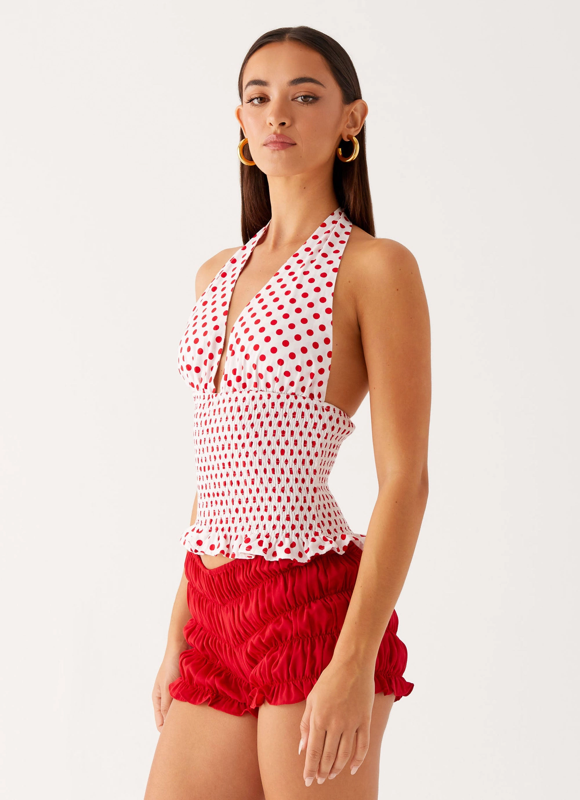 Tencel Blend Fabric BondedShoulderTaping Kamren Halter Top - White Red Polka Dot