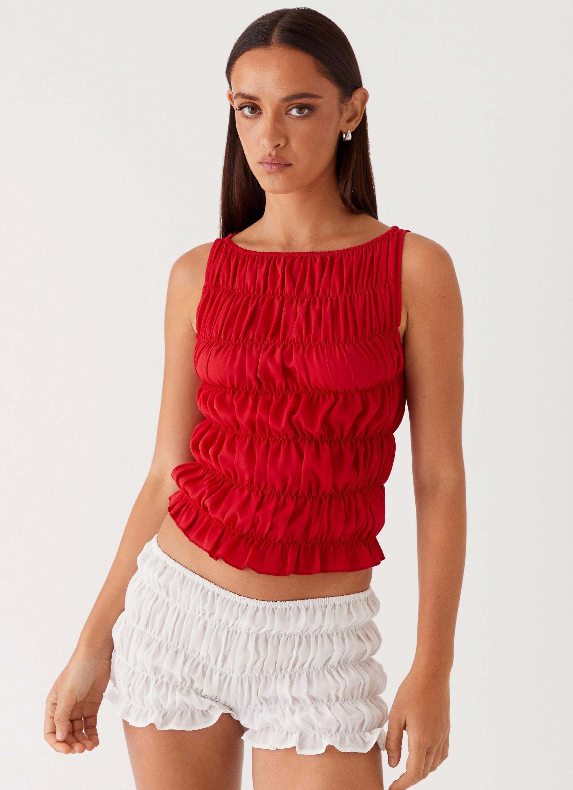 Messina Ruched Tank Top - Red Ventilated Back Panels RollUpCuff