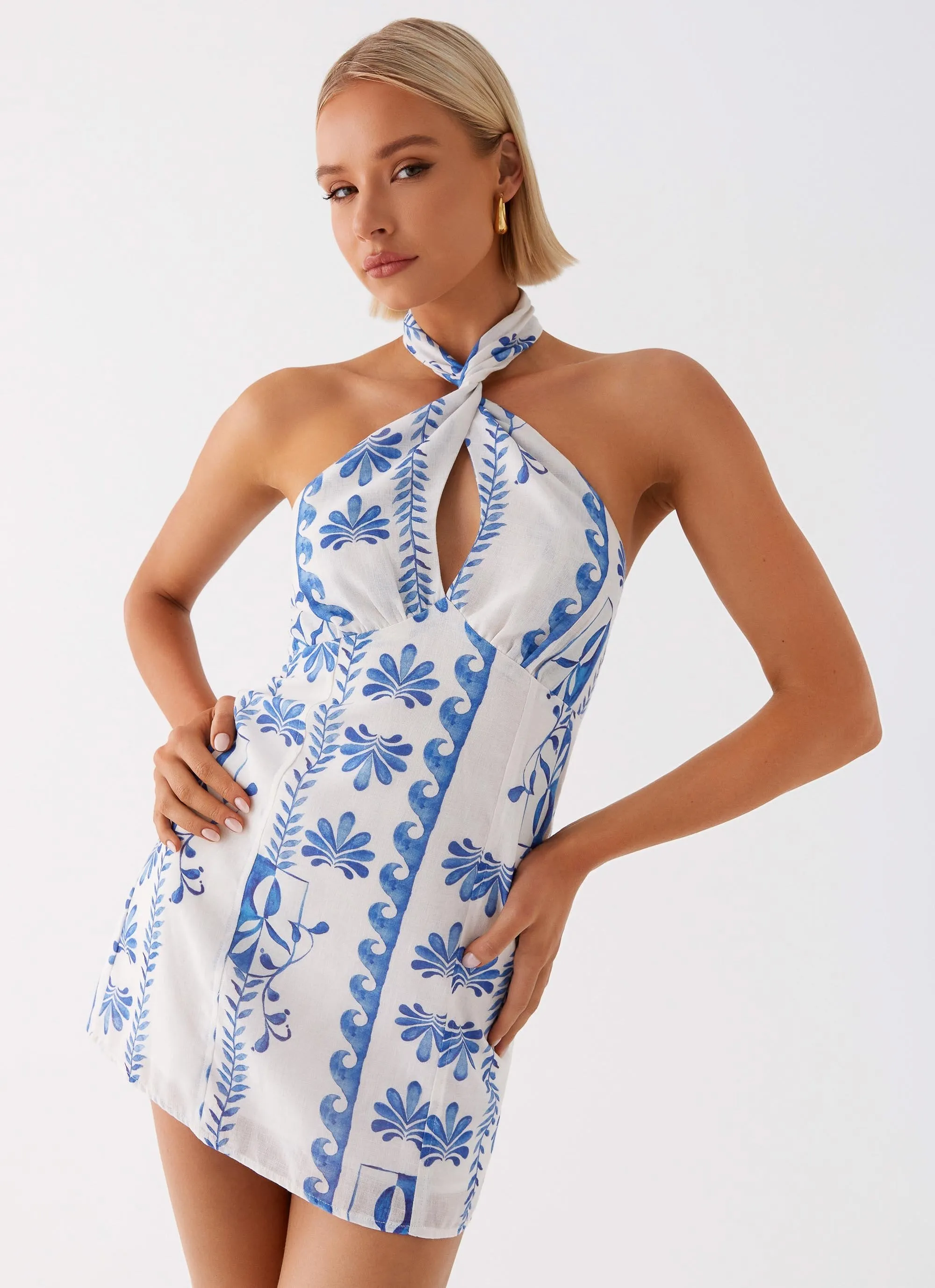 Brunch Outfit ruffle trim Sabine Linen Mini Dress - Floral Wave