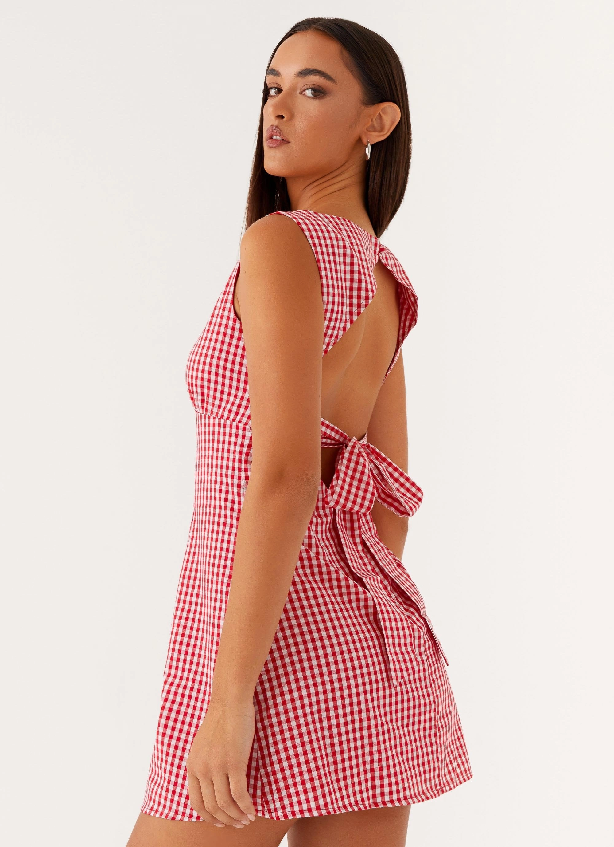 Form Focus Subtle Flow Lotus Tie Back Mini Dress - Red Gingham