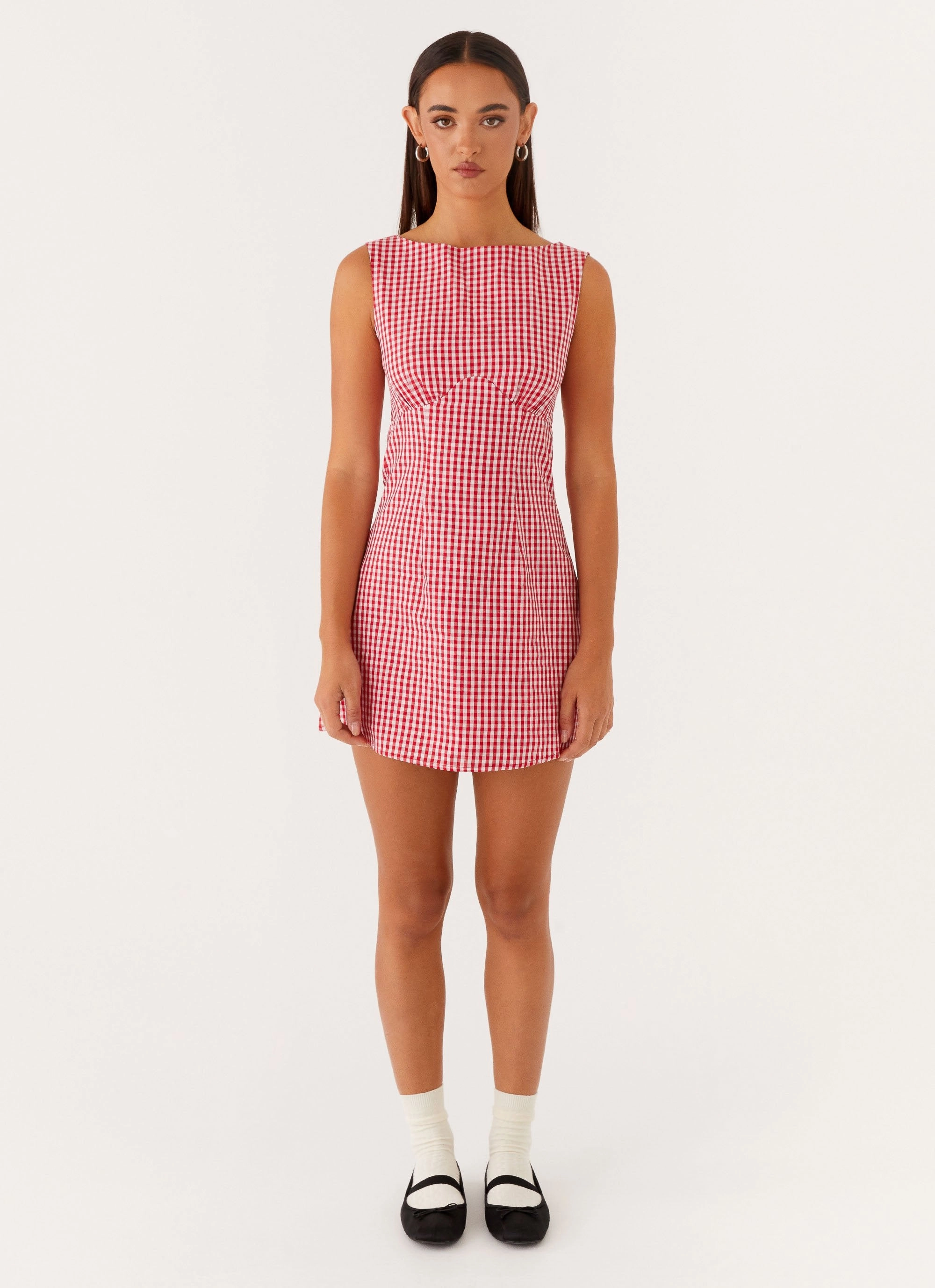 Lotus Tie Back Mini Dress - Red Gingham Urban Motion Weekend Style