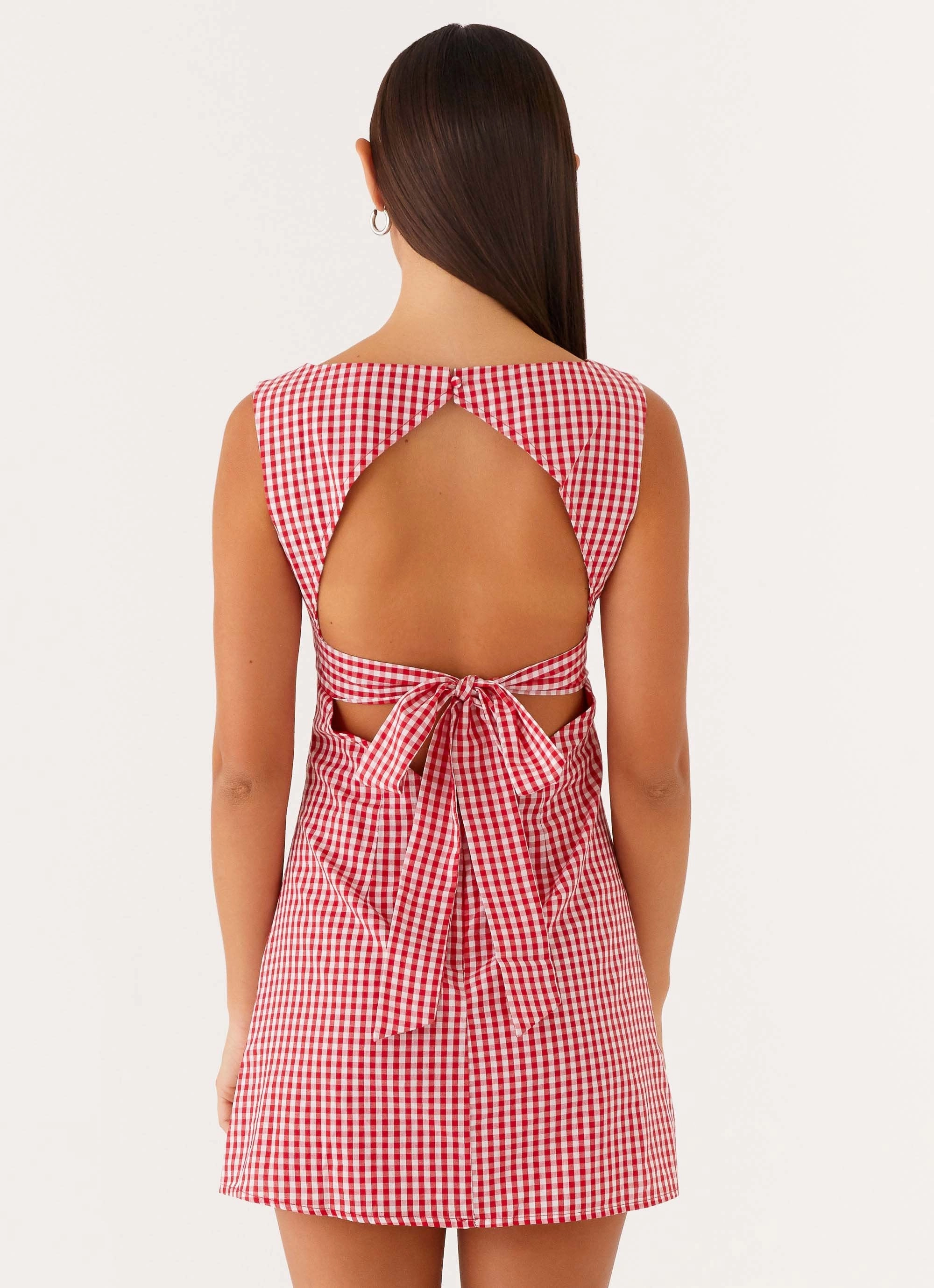 Modern and Feminine Lotus Tie Back Mini Dress - Red Gingham