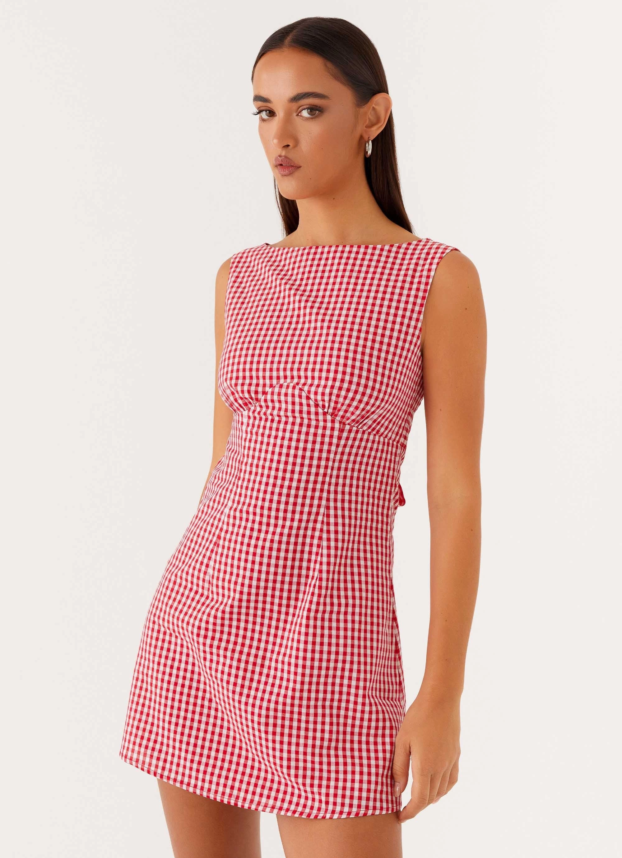 Style Ease Lotus Tie Back Mini Dress - Red Gingham