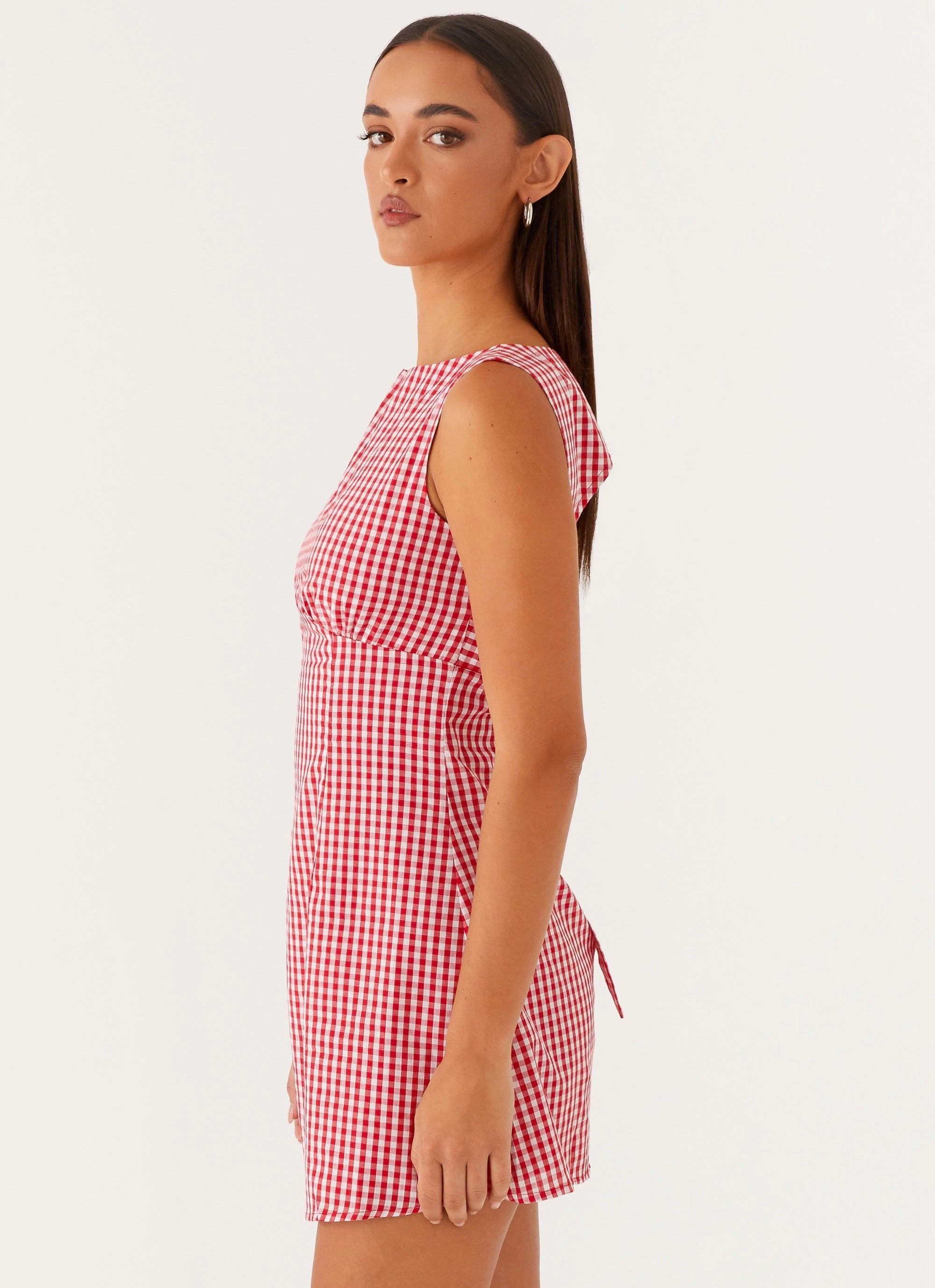 Linen Soft Smart Layer Wear Lotus Tie Back Mini Dress - Red Gingham