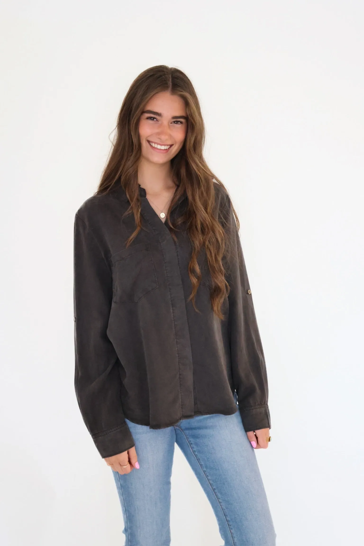 Elise Tencel Top- Charcoal LowImpact Manufacturing Roll Up Sleeve Design