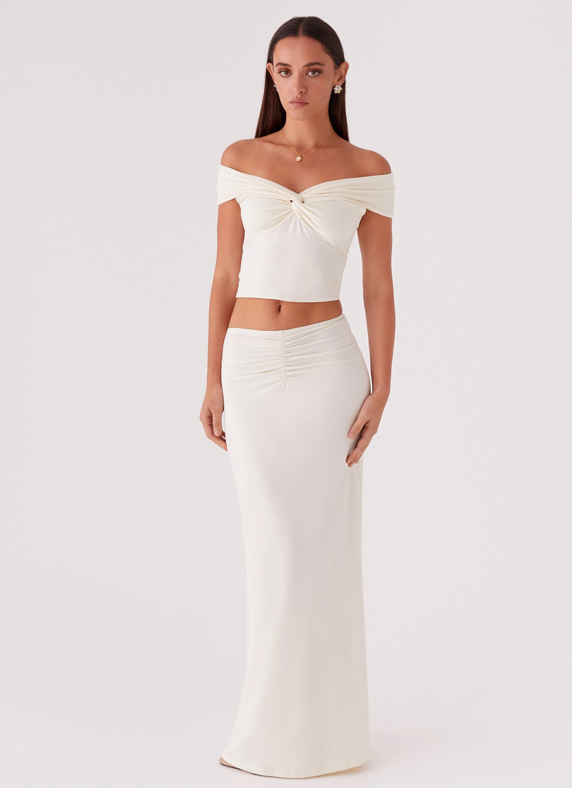 Layered Hem Detailing Drop Shoulder Silhouette Trixie Twist Off Shoulder Top - Ivory