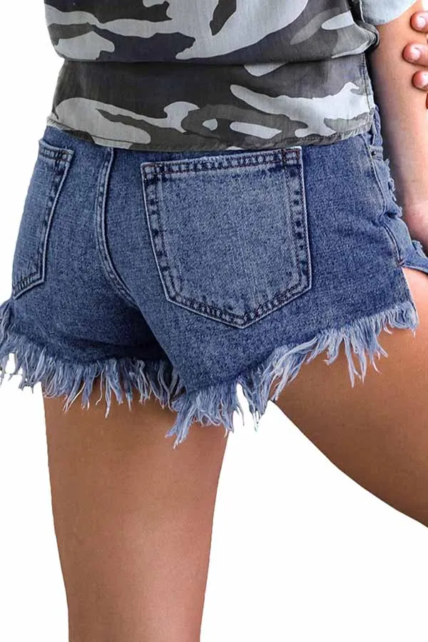 Mid Rise Frayed Denim Shorts For Women Raw Hem Jean Shorts