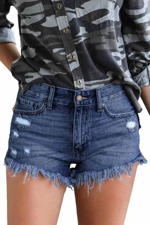Mid Rise Frayed Denim Shorts For Women Raw Hem Jean Shorts