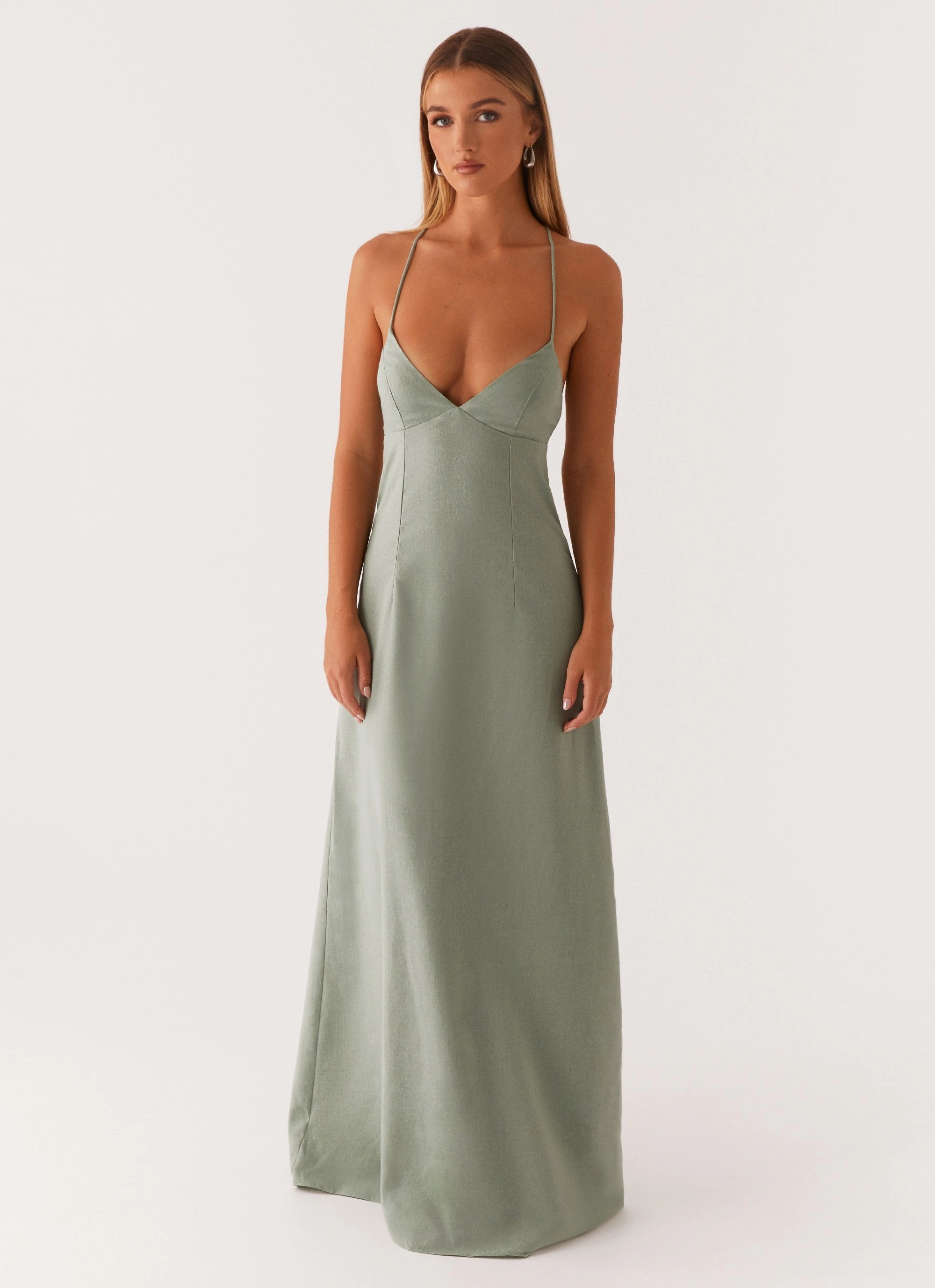 High-Fashion Middle Ground Linen Maxi Dress - Sage