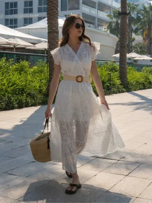 Mikaela Belted Broderie Midi Dress in White Air Comfort
