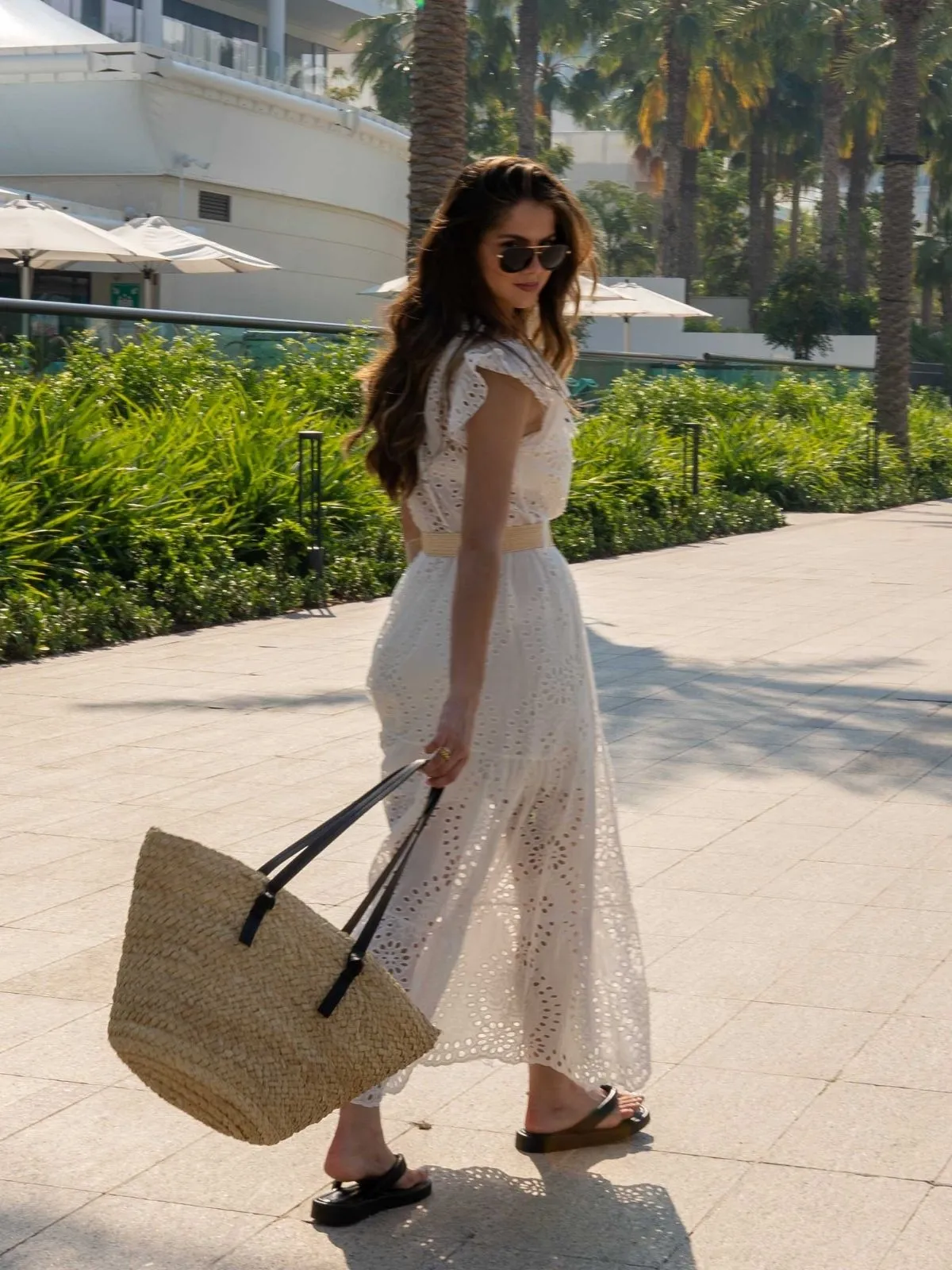 polka-dot Mikaela Belted Broderie Midi Dress in White