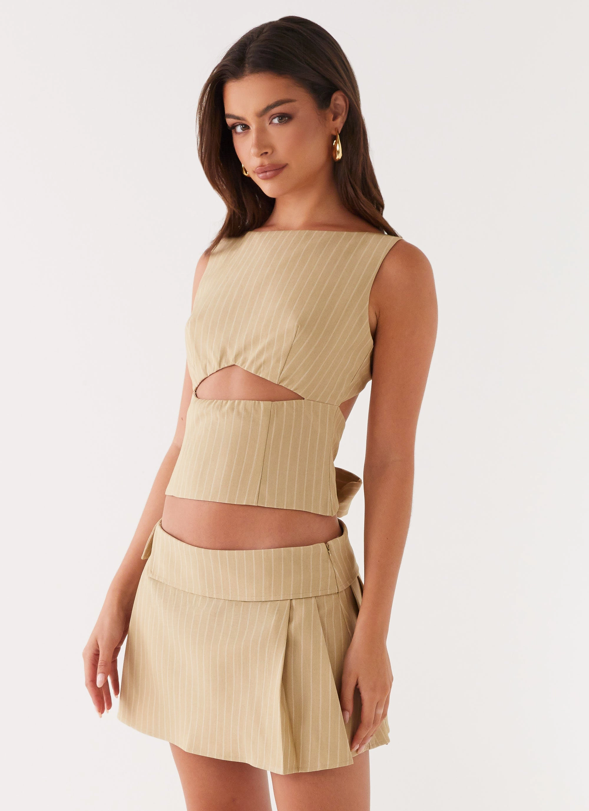 Miki Mini Skirt - Beige Stripe Durable Waistband