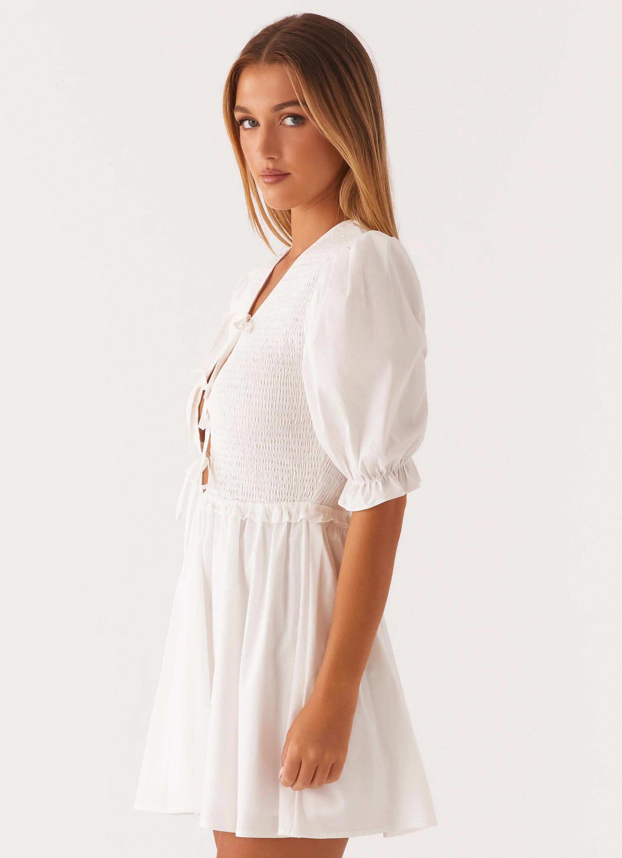 City Style Scoop-Neck Milana Shirred Puff Sleeve Mini Dress - White