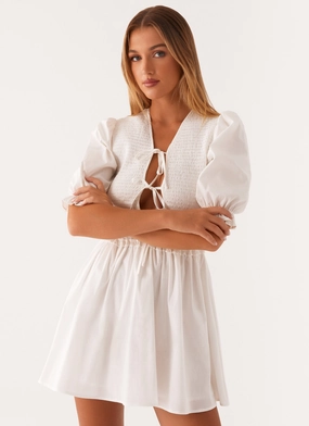 UV-Resistant Airy Feel Milana Shirred Puff Sleeve Mini Dress - White