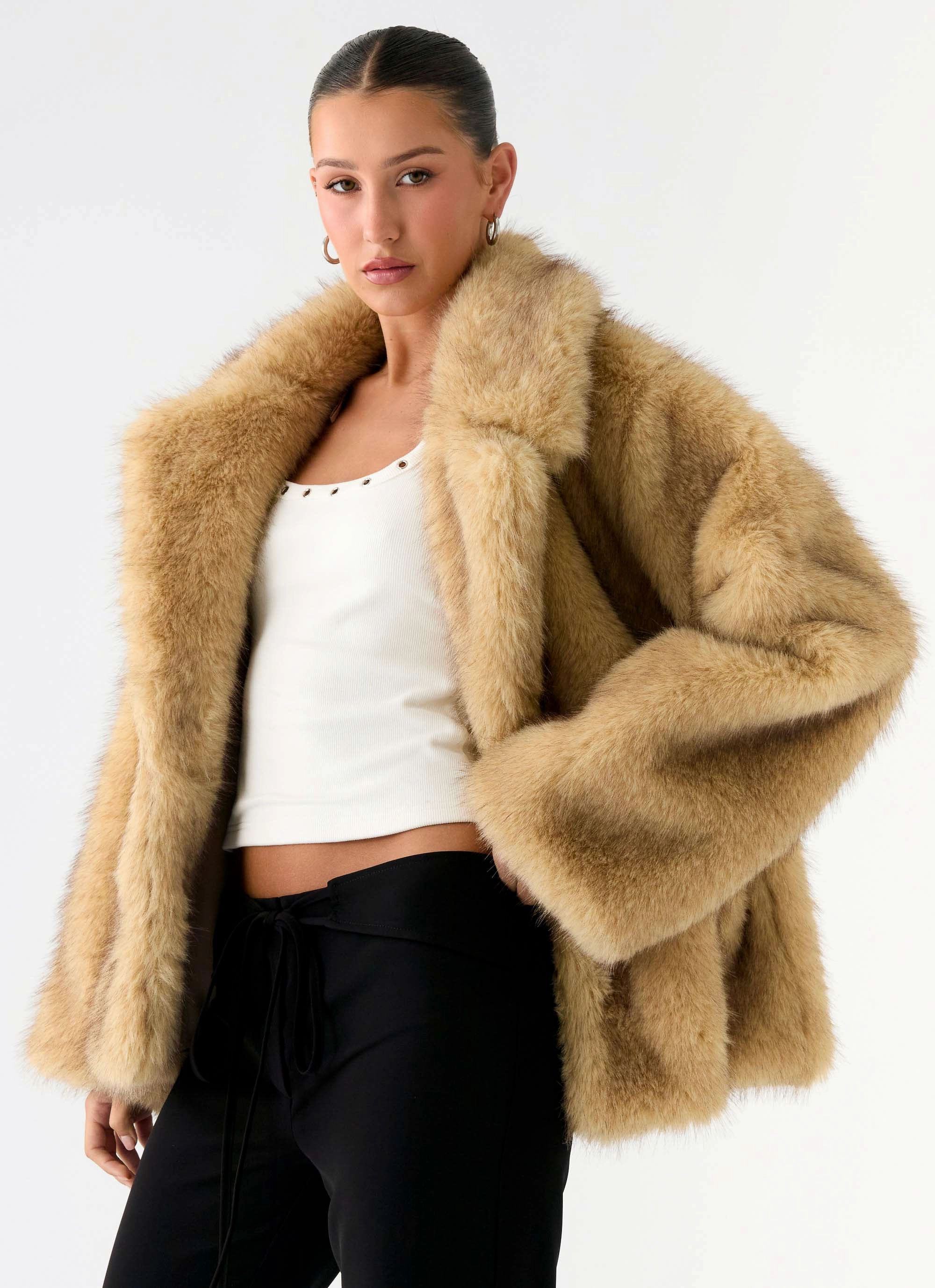 Belted Waist Functional Fit Milika Fur Coat - Beige