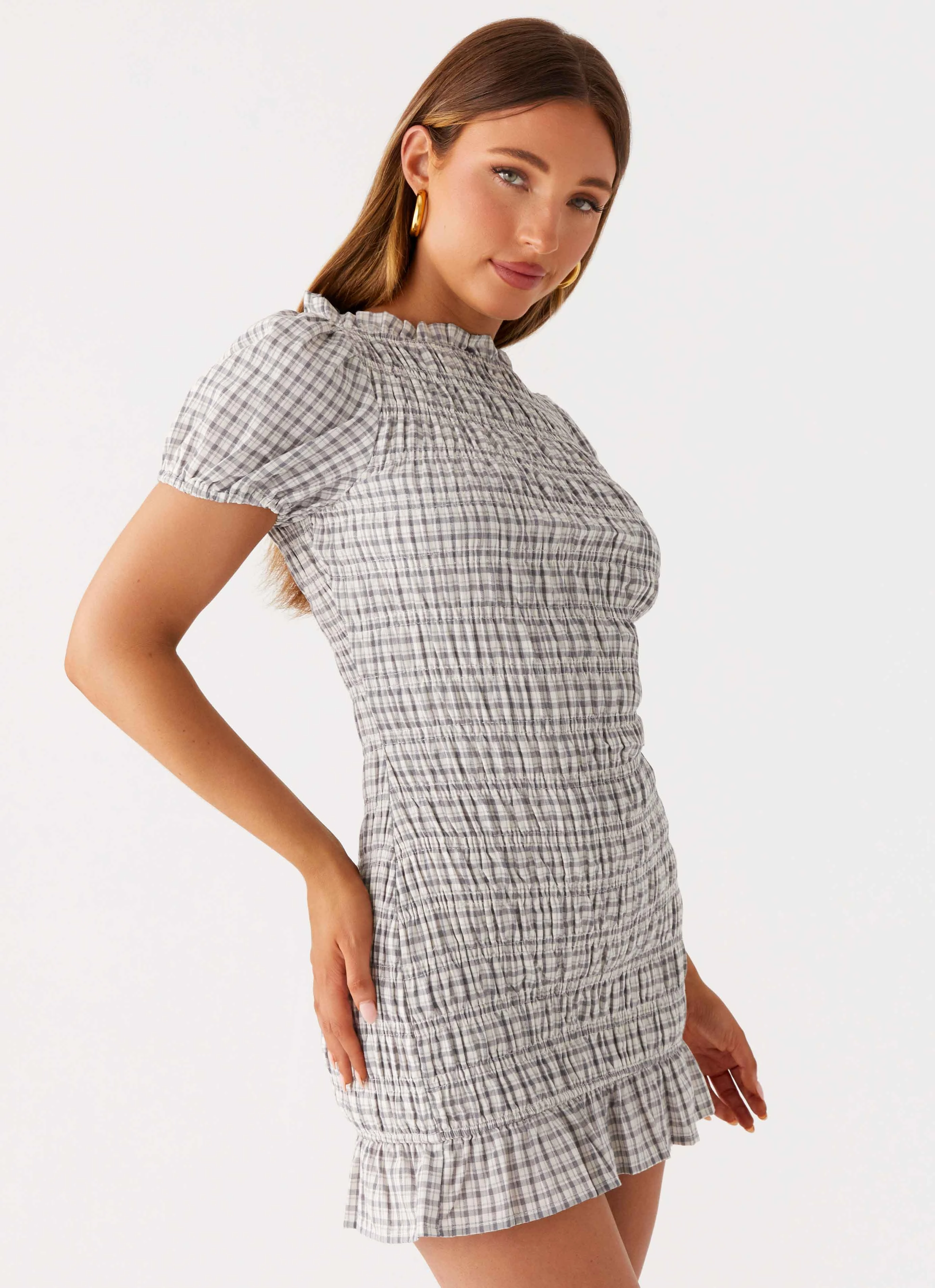Comfy and Relaxed Mermaid-Hem Millicent Ruched Mini Dress - Grey Check