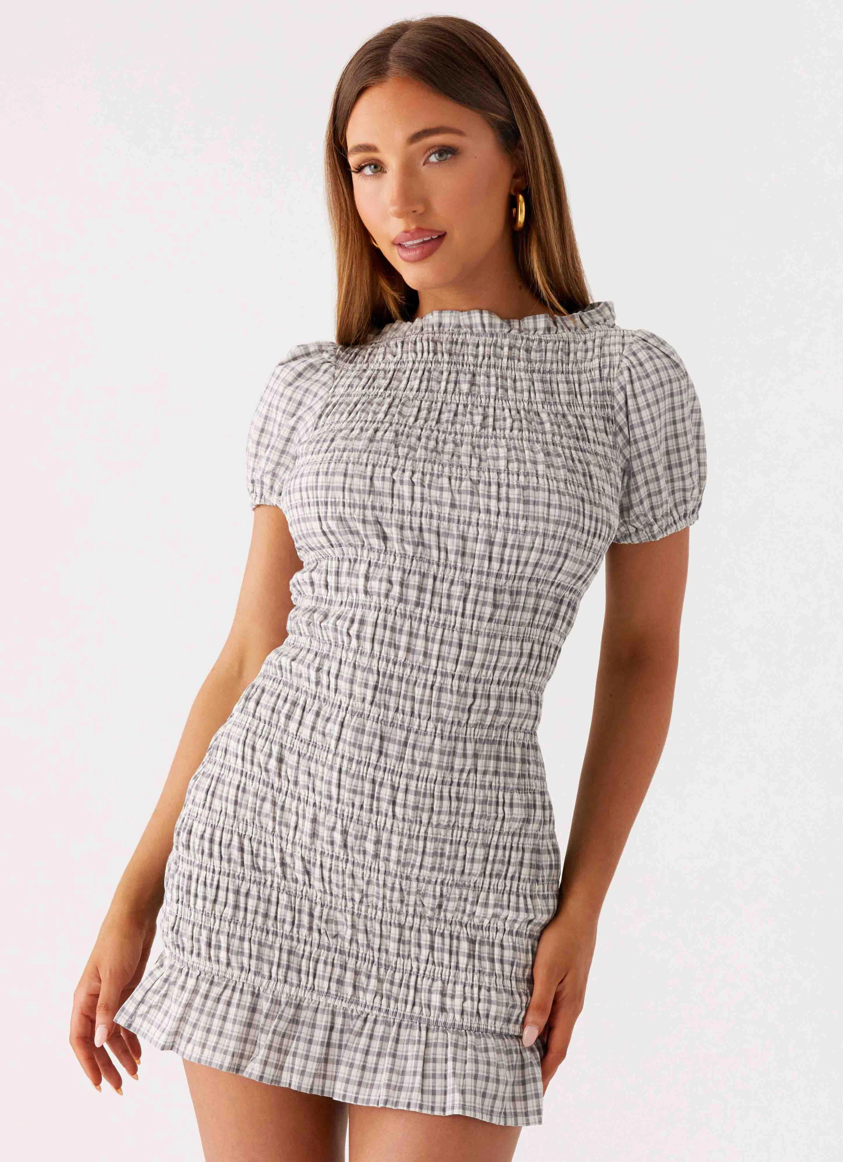 Millicent Ruched Mini Dress - Grey Check soft look Polished Appearance