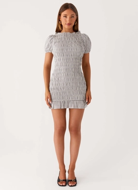 Millicent Ruched Mini Dress - Grey Check Gradient Shade