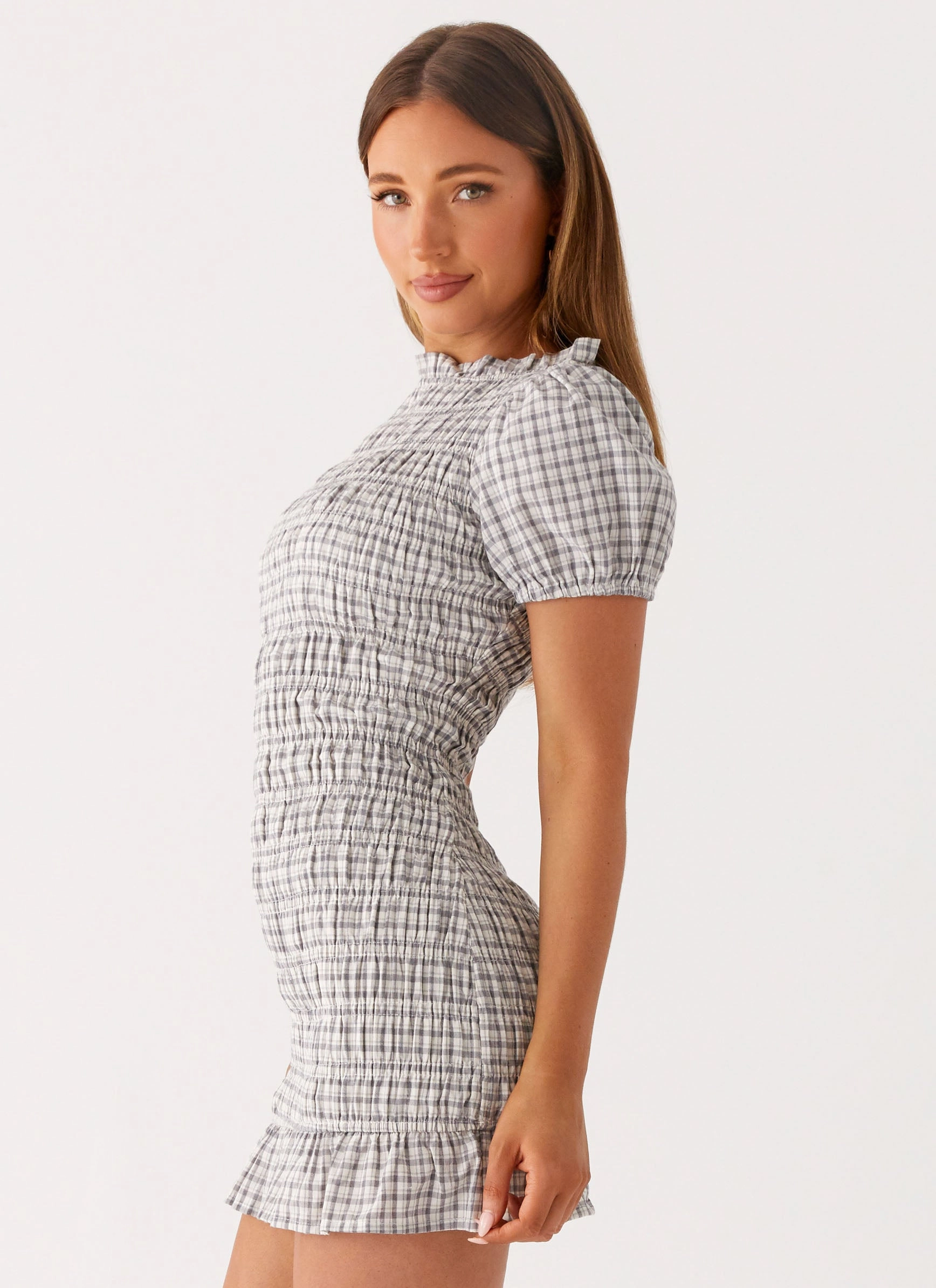 Night Ready Flare Swing Millicent Ruched Mini Dress - Grey Check