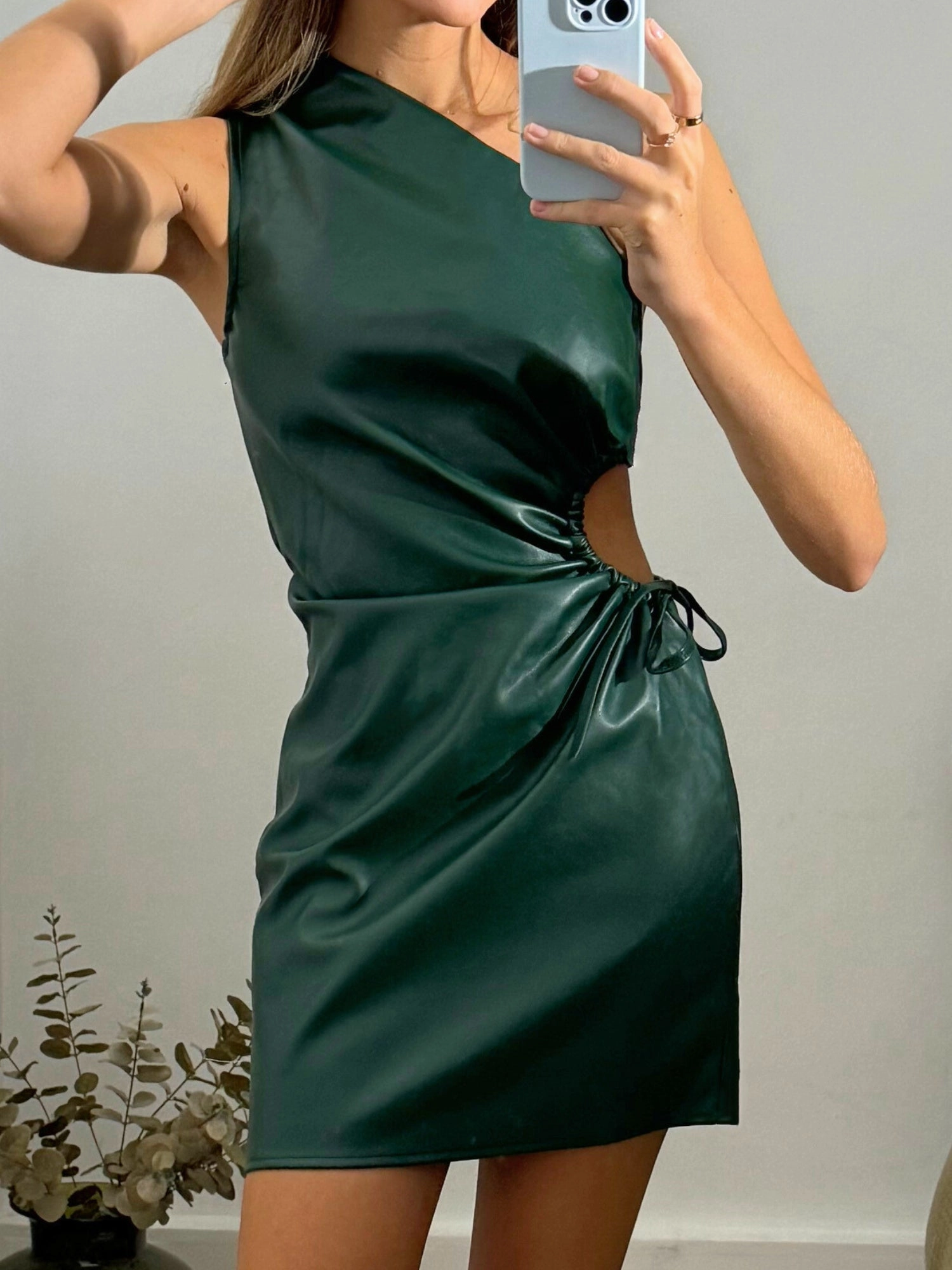Millie One Shoulder Mini Dress / Green PU Easy Fit Fit for All Seasons