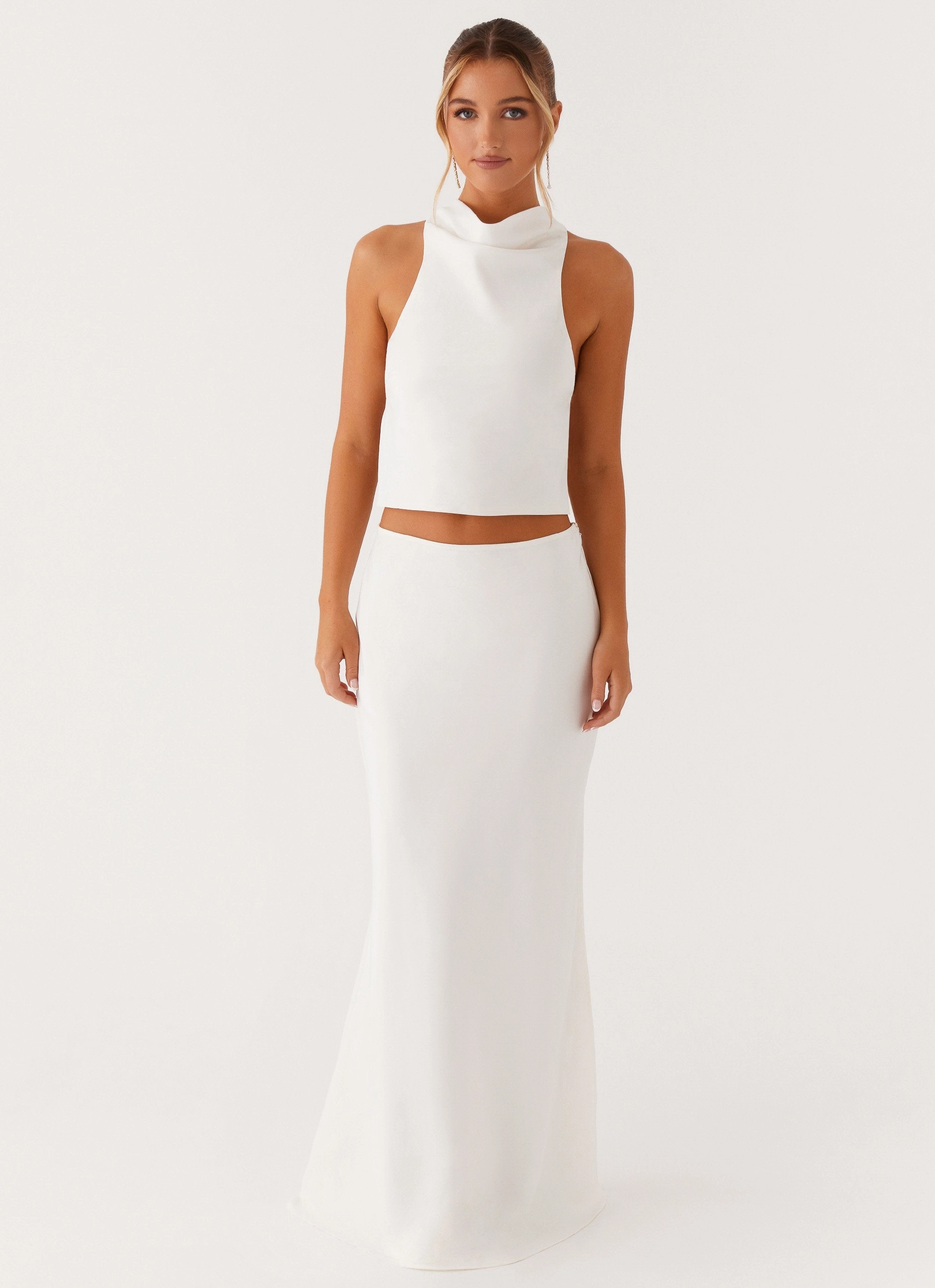 high contrast Mina Satin Maxi Skirt - White