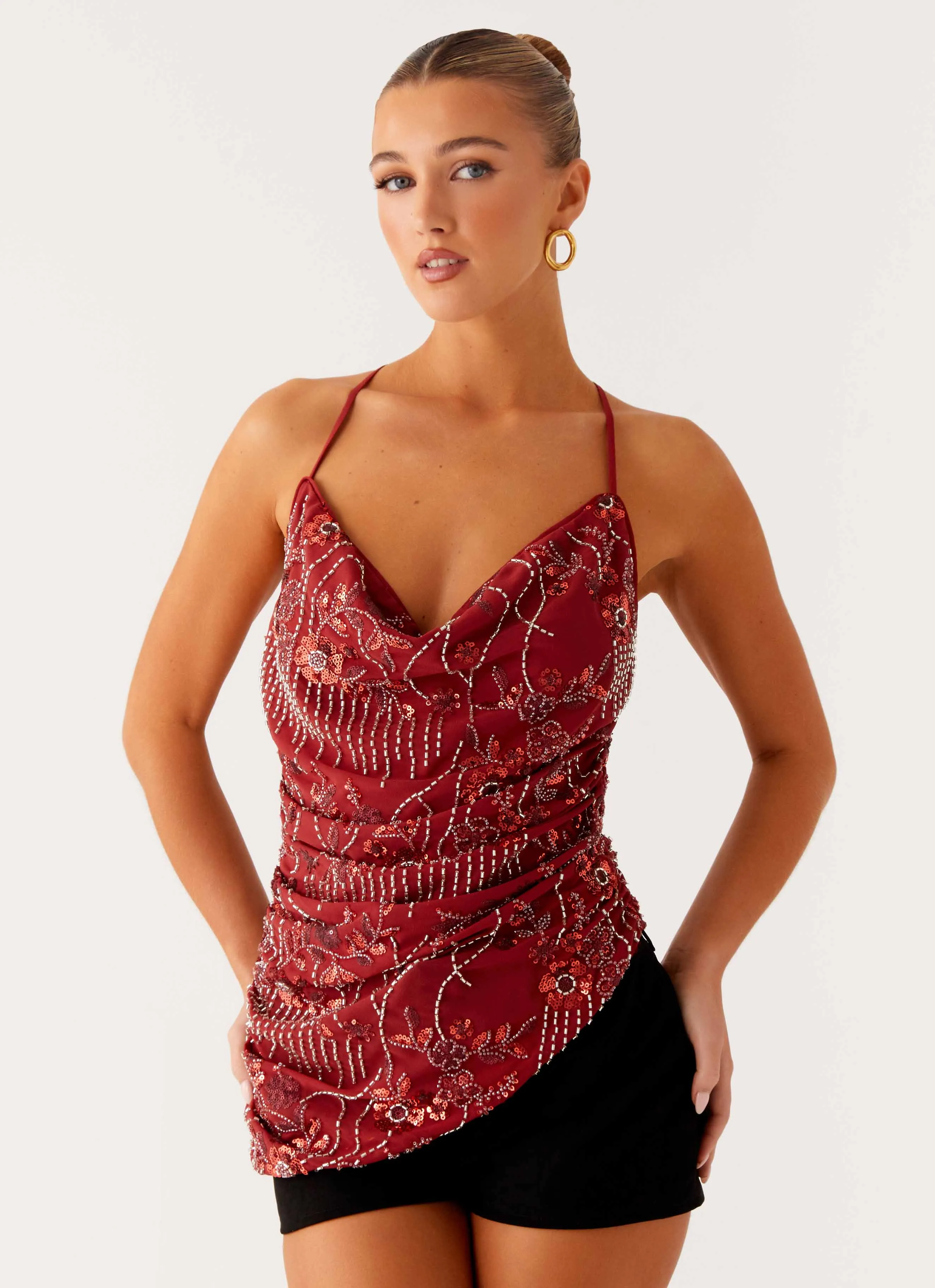 Lost In The Tide Beaded Top - Rust Adjustable Hem Toggles