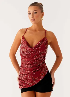 Lost In The Tide Beaded Top - Rust Adjustable Hem Toggles