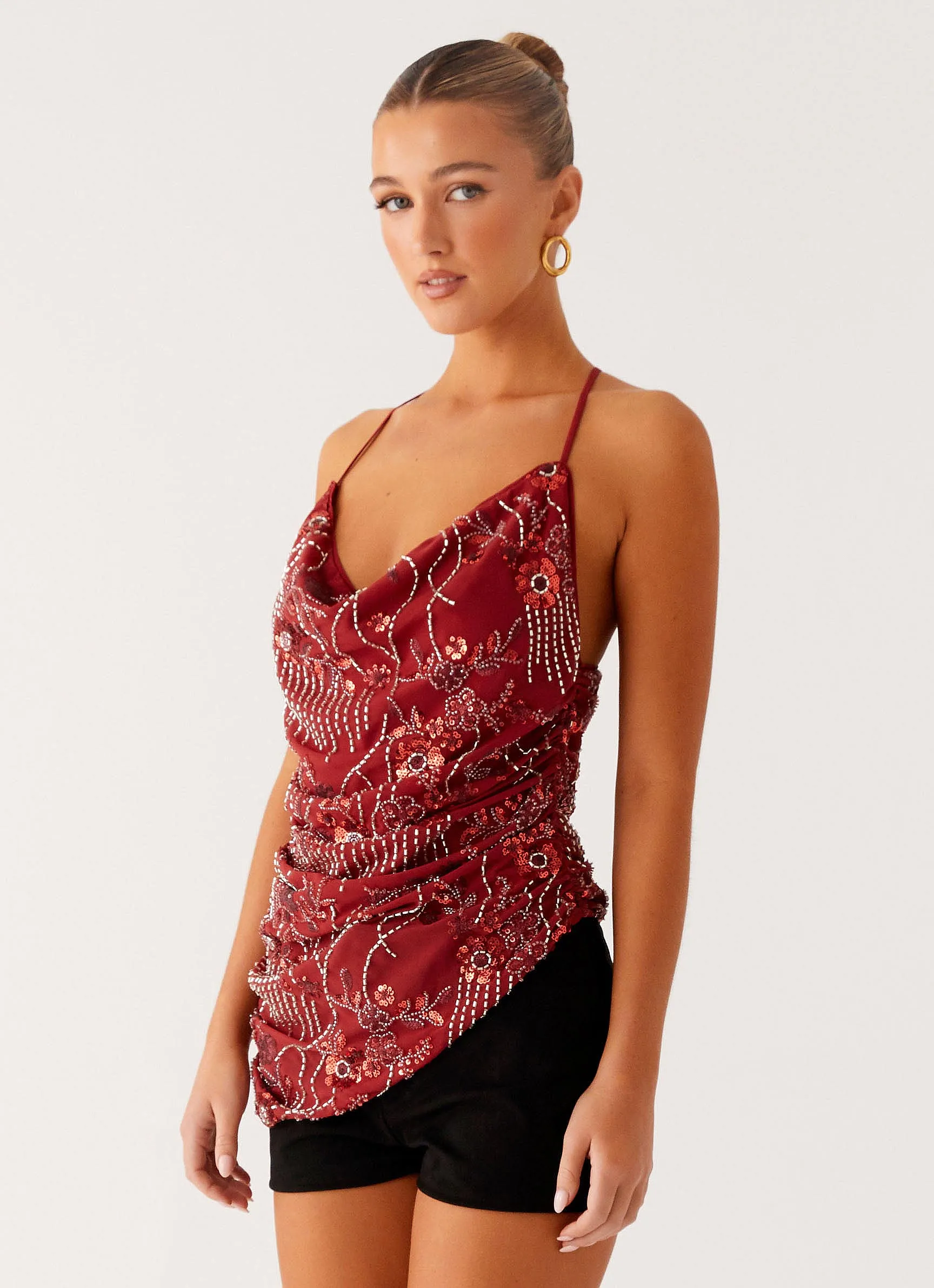 Drop Shoulder Cut UV Protective Coating Lost In The Tide Beaded Top - Rust