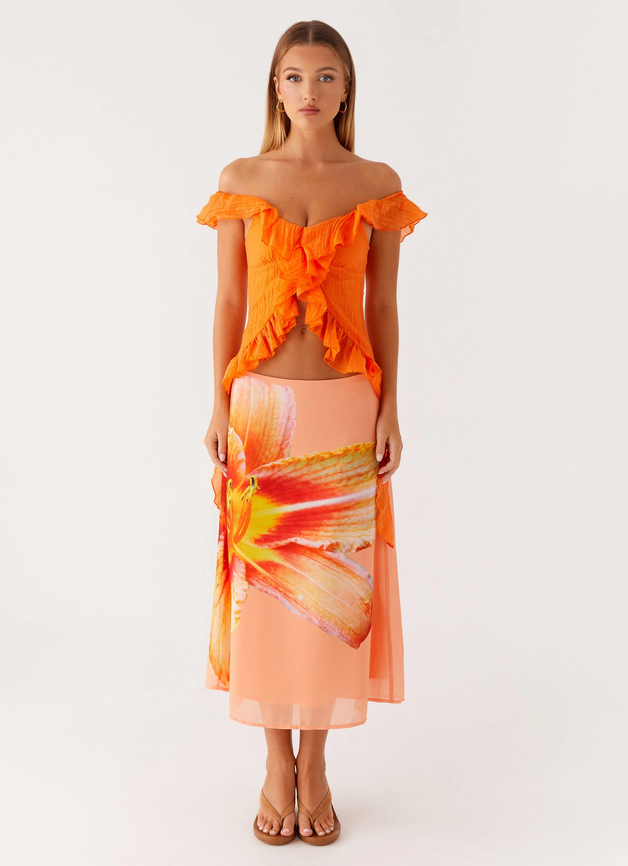 Dylan Off Shoulder Top - Orange DoubleStitchedSeams MultiPanel Design