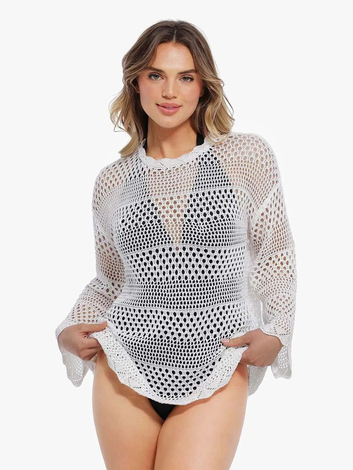 ThermalInsulation Crochet Long Sleeve Coverup Top