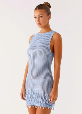 Coastal Soft Travel Essential Miracle Beaded Crochet Mini Dress - Blue