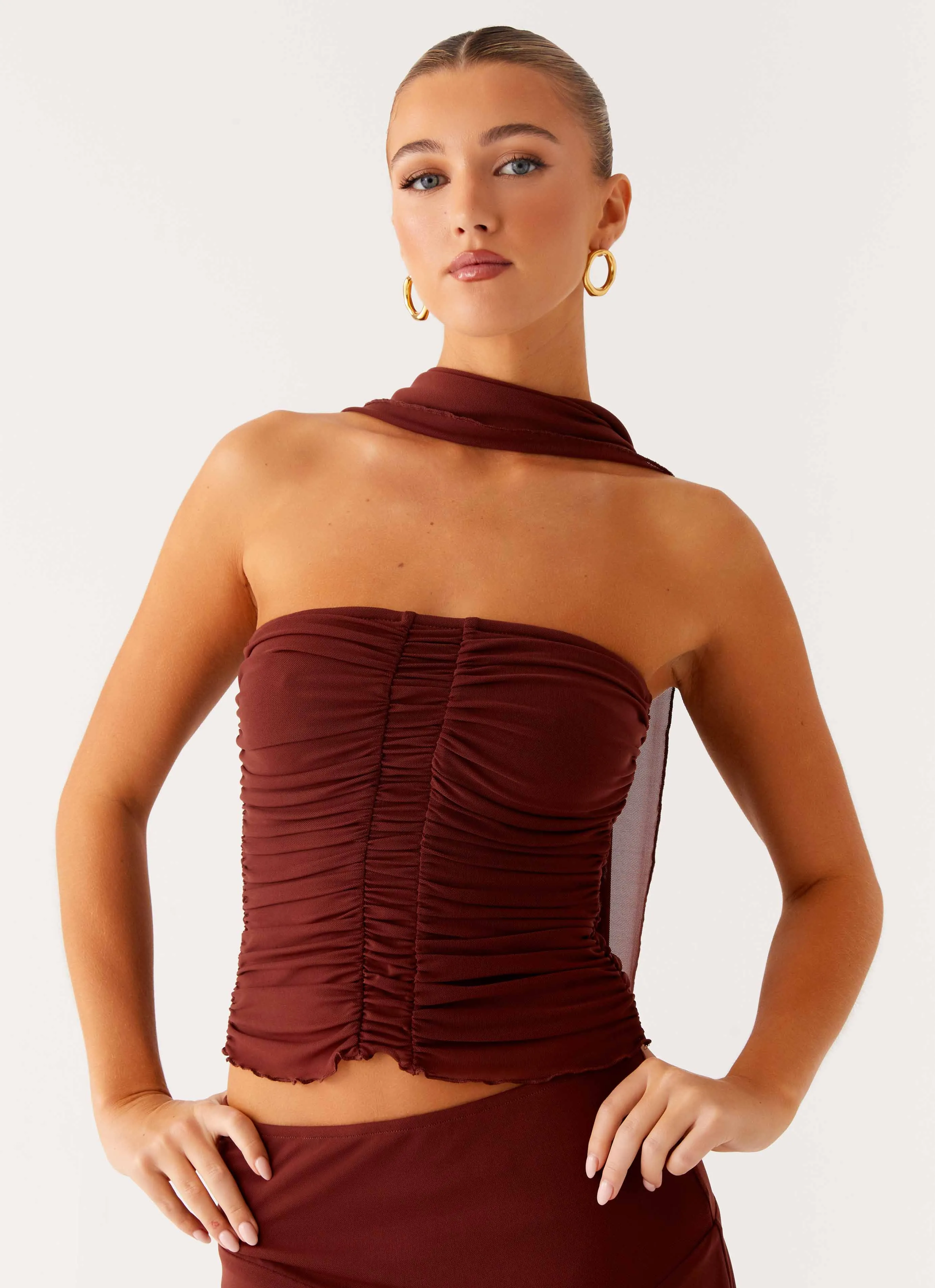 Microfiber Blended Fabric Mirage Scarf Top - Chocolate
