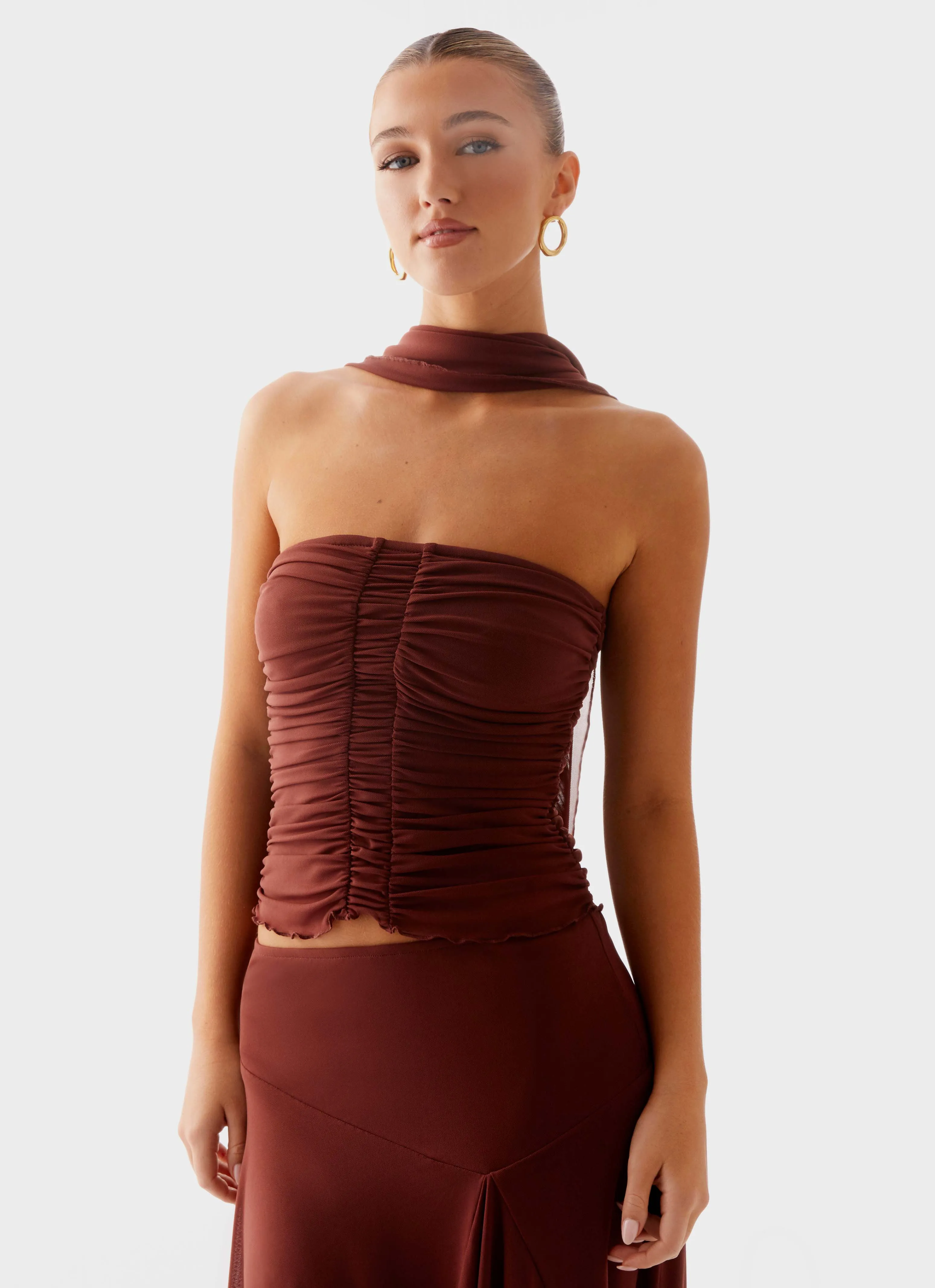 Recycled Fiber Blend Drop Shoulder Silhouette Mirage Scarf Top - Chocolate