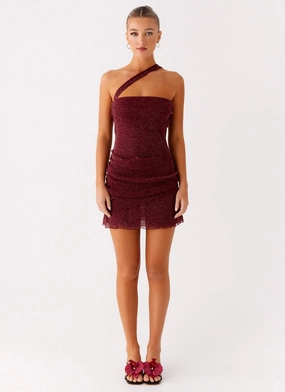 Misty Mesh Mini Dress - Maroon Mixed Fabric Smooth Drape
