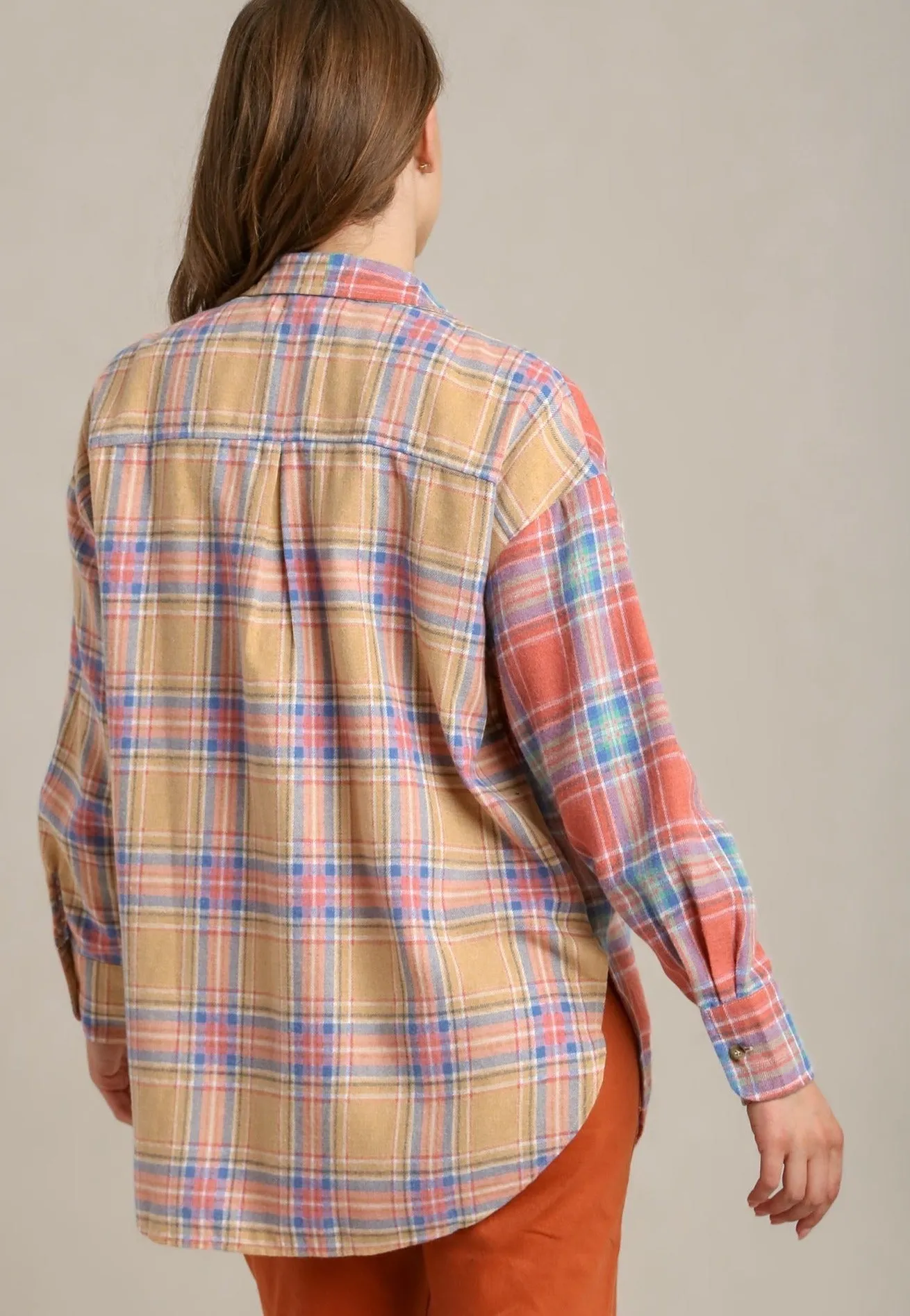 Mixed Plaid Button Down Flannel Shirt