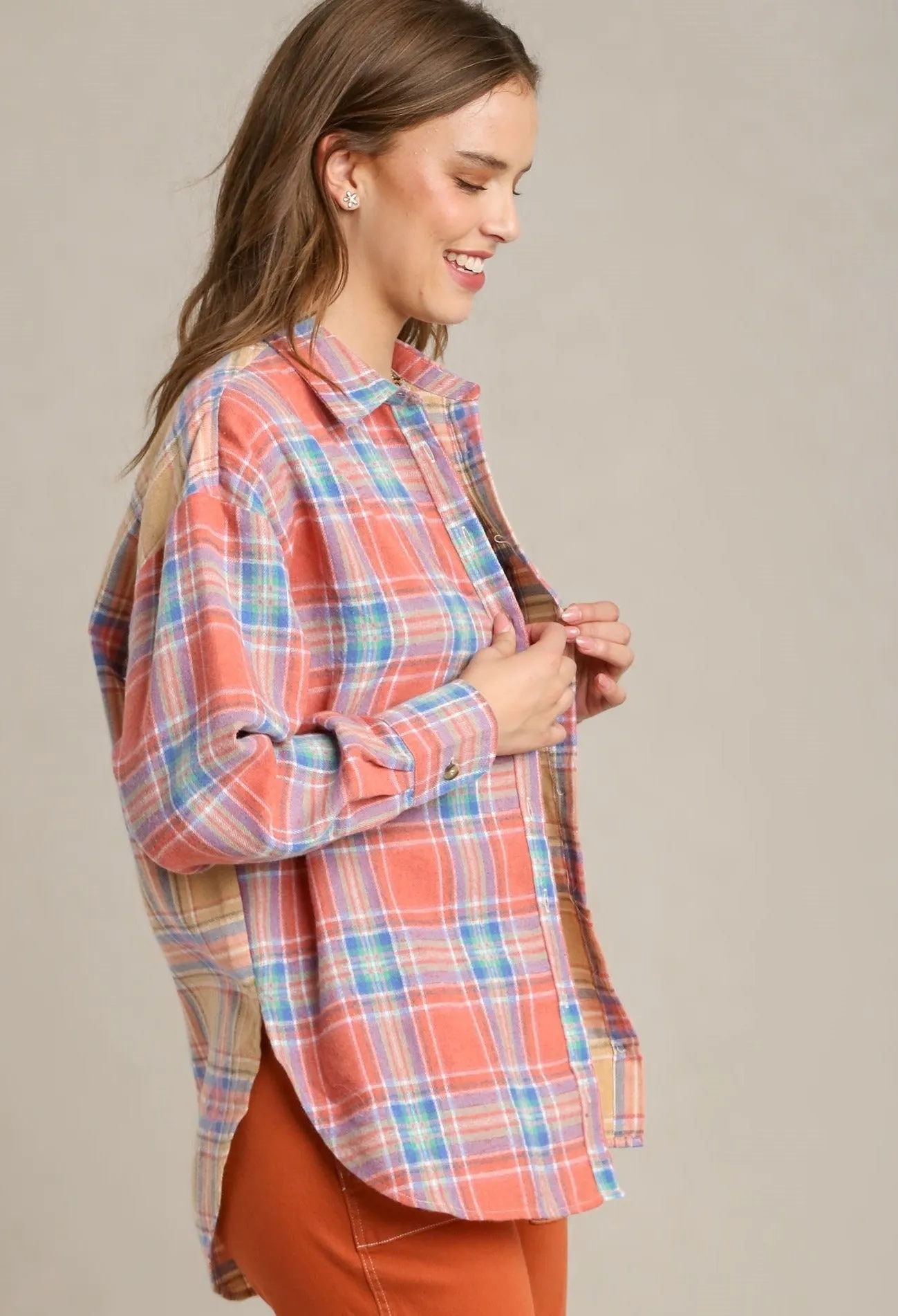 Mixed Plaid Button Down Flannel Shirt