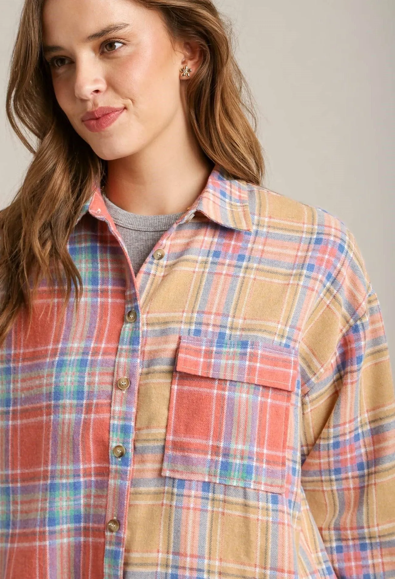 Mixed Plaid Button Down Flannel Shirt