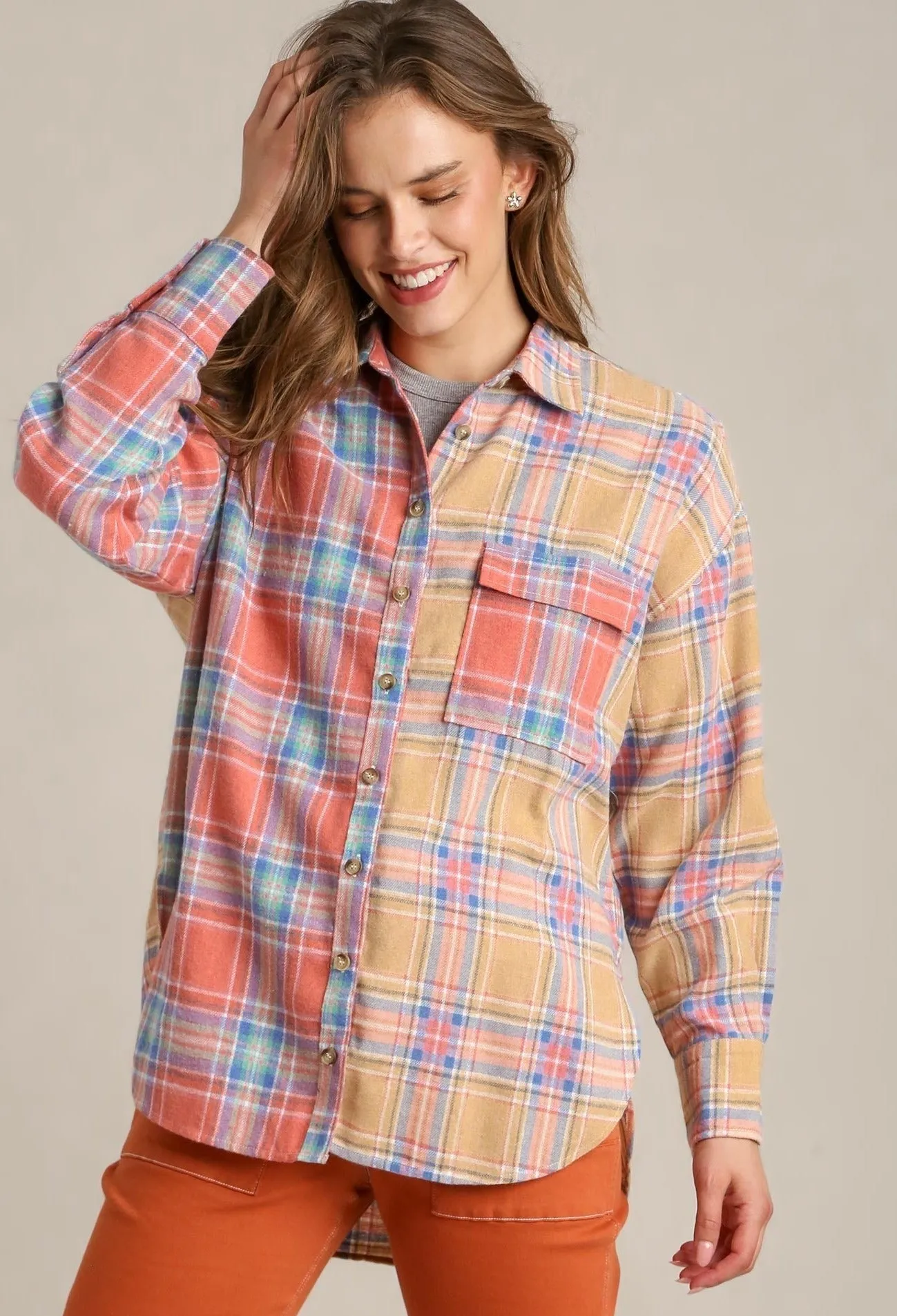 Mixed Plaid Button Down Flannel Shirt