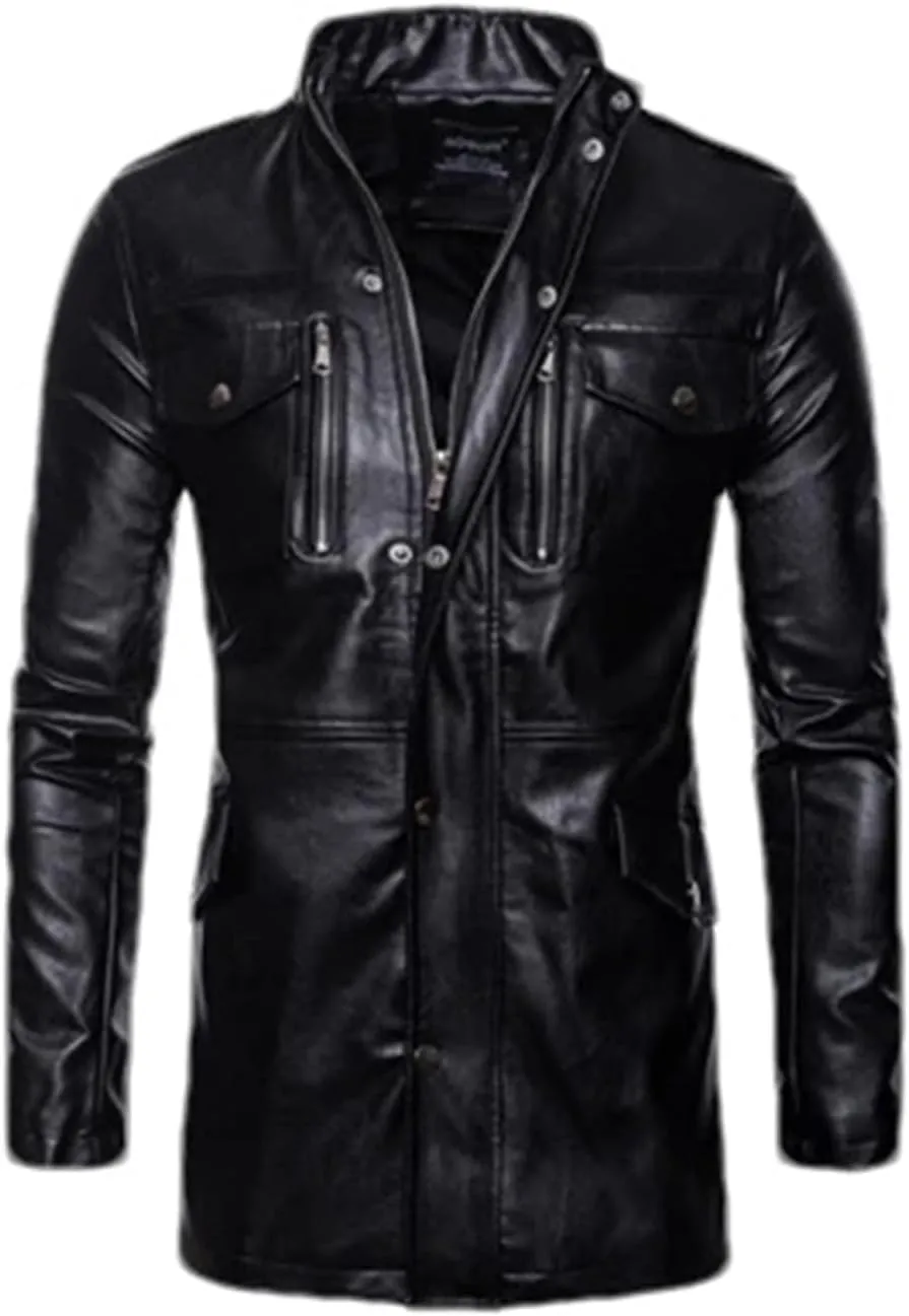 Mnjyihy Men's Casual Long Motorcycle Leather Coats Vintage Slim Zipper Pocket Biker Jackets Outerwear