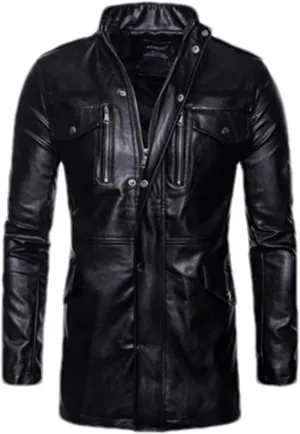 Mnjyihy Men's Casual Long Motorcycle Leather Coats Vintage Slim Zipper Pocket Biker Jackets Outerwear
